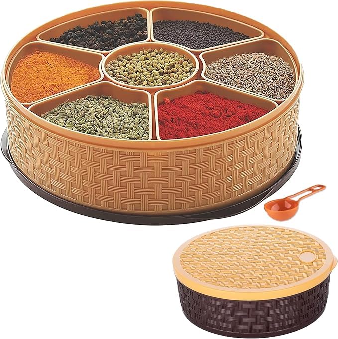 STL Plastic Spice Box with 7 Compartments - Multipurpose Masala Dabba Organizer for Kitchen - Airtight, Leak-Proof, Food Grade Material (Round Masala Dabba (Beige))