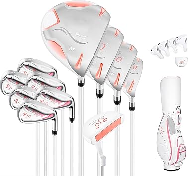 Ladys Complete Golf Club Package Set 11 Piece, Includes Titanium Golf Driver, 3 & #5 Fairway Woods, 4 Hybrid, 6 9ps Irons, Putter and Ladies Golf Bag