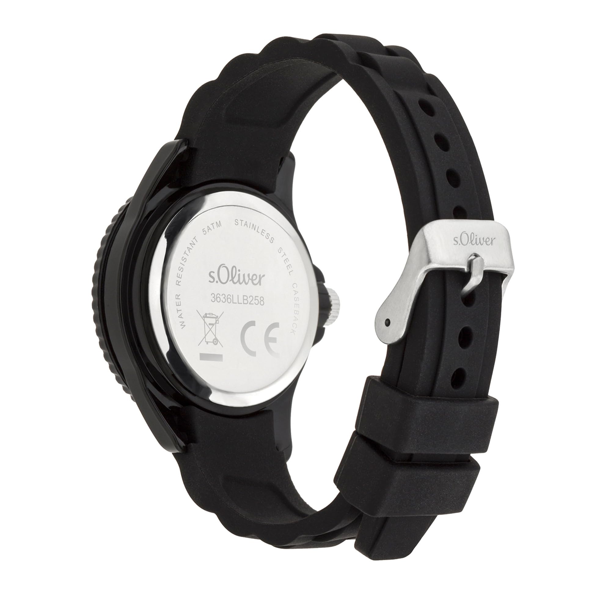 s.Oliver Kinderuhr - Rund - Schwarz - 38 mm - Uhr aus Kunststoff mit Quarzwerk am Silikonband mit Dornschließe - Analoge Armbanduhr - 5 ATM wasserdicht - Kratzfest