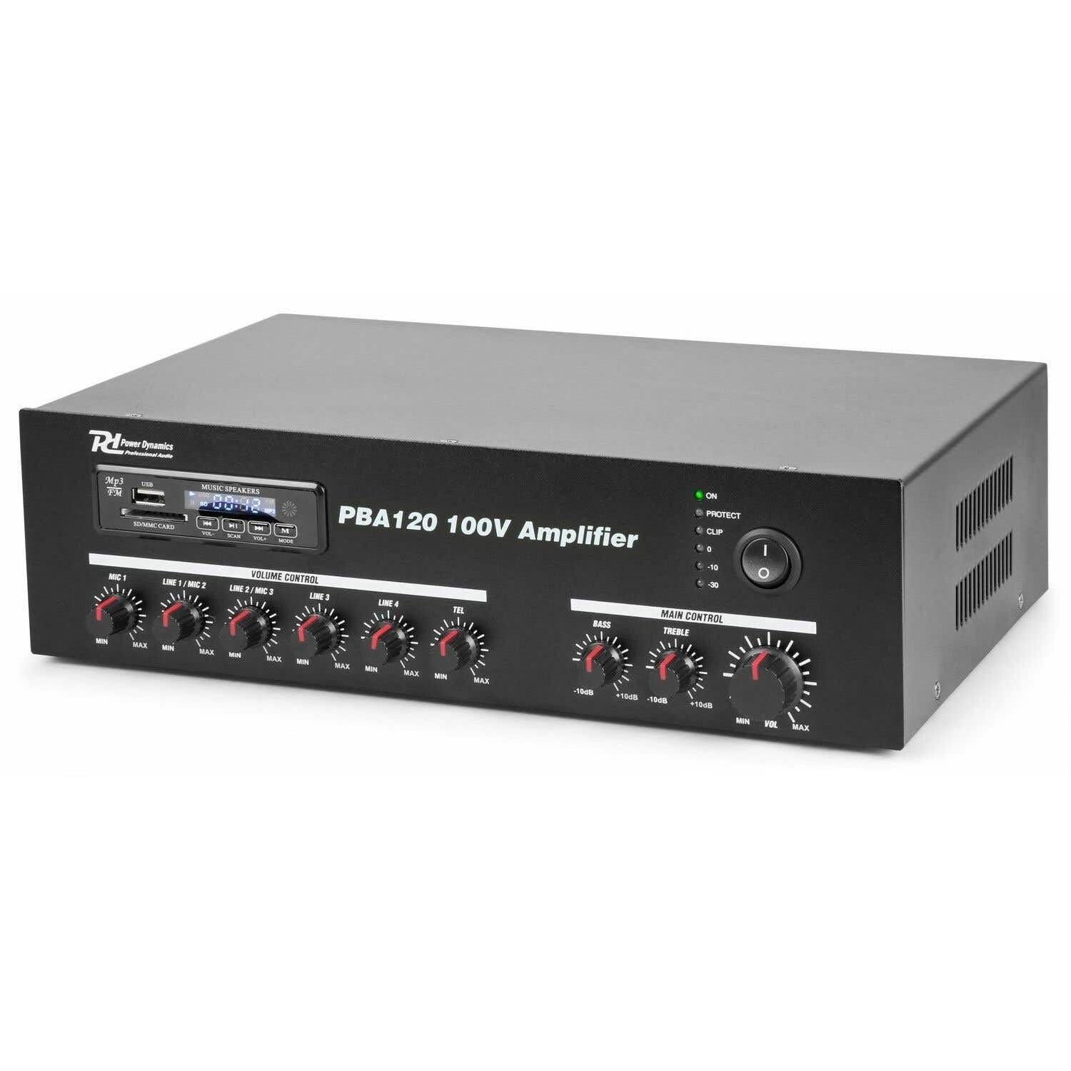 Power Dynamics PBA120 Amplificador de línea 100V 120W | Reproducción desde USB, SD o radio FM, ecualizador integrado, múltiples entradas de audio y micrófono.