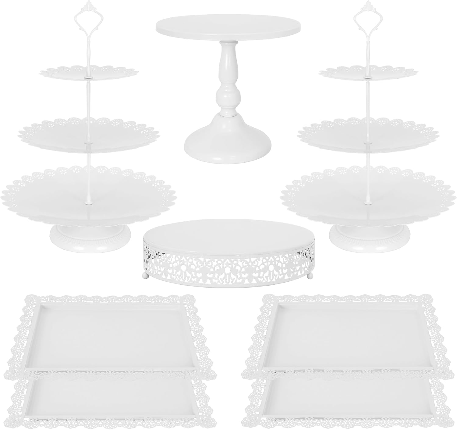 Fivenl 8 Pcs Cake Stand White Metal Dessert Table Display Set, 3-Tier Cupcake Stand, Cake Display Tower and Cookie Tray Rack Serving Tray for Birthday Party, Weddings, Baby Shower (White)