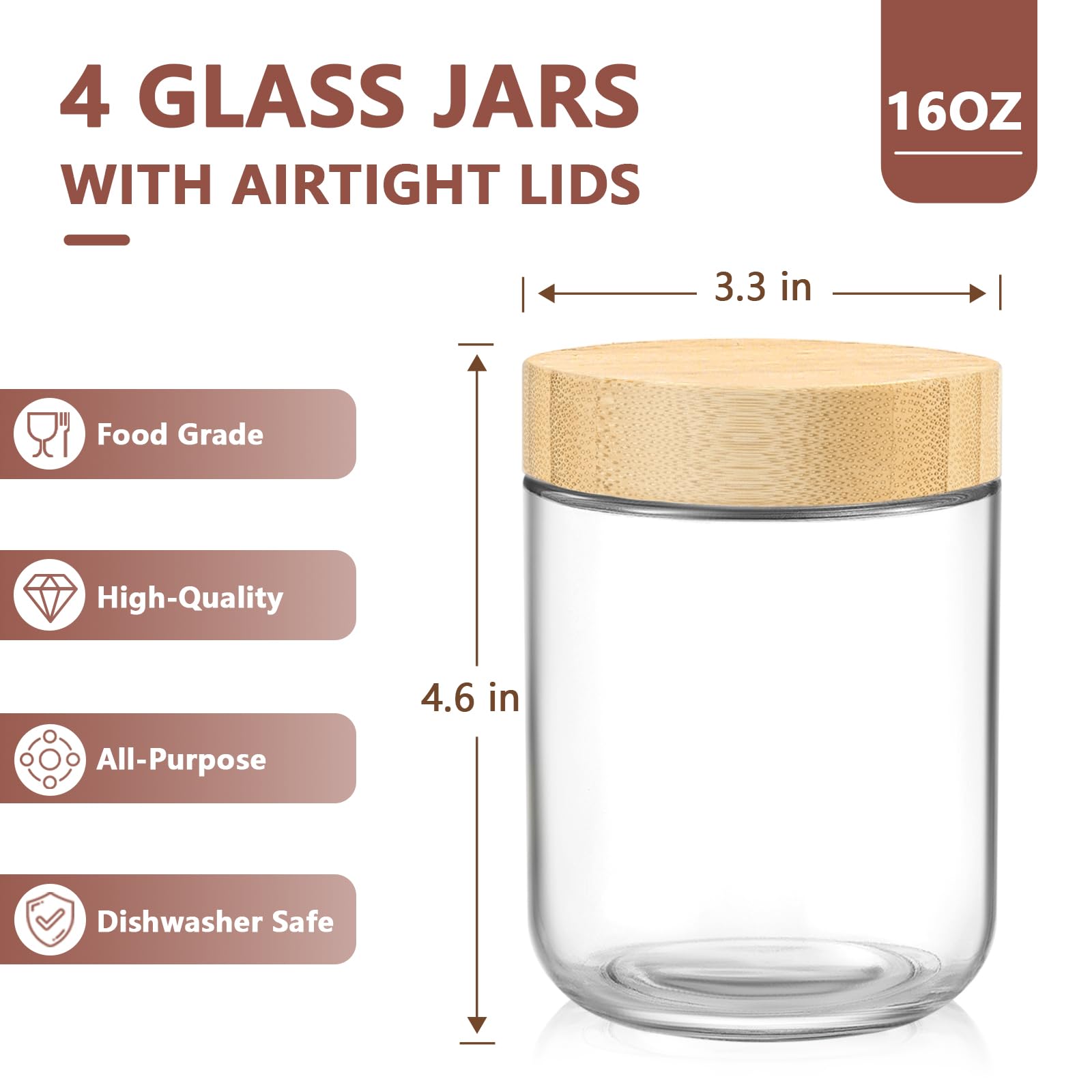 DRKIO 473 ml Haferbehälter mit Bambusdeckel – 4 Stück Vorratsgläser aus Glas mit luftdichtem Deckel, breite Öffnung, ideal für Mahlzeiten, Salat, Chia, Pudding, Snacks, Joghurt, Zucker, Gewürze, Müsli