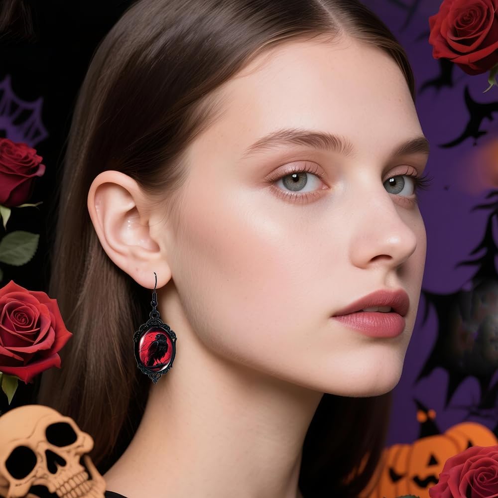 Halloween Jewelry Set for Women Gothic Cameo Necklace Earring Set Vintage Black Velvet Bat/Raven/Witch Glass Pendant Necklace Earrings Victorian Vampire Costume Accessories - Image 3