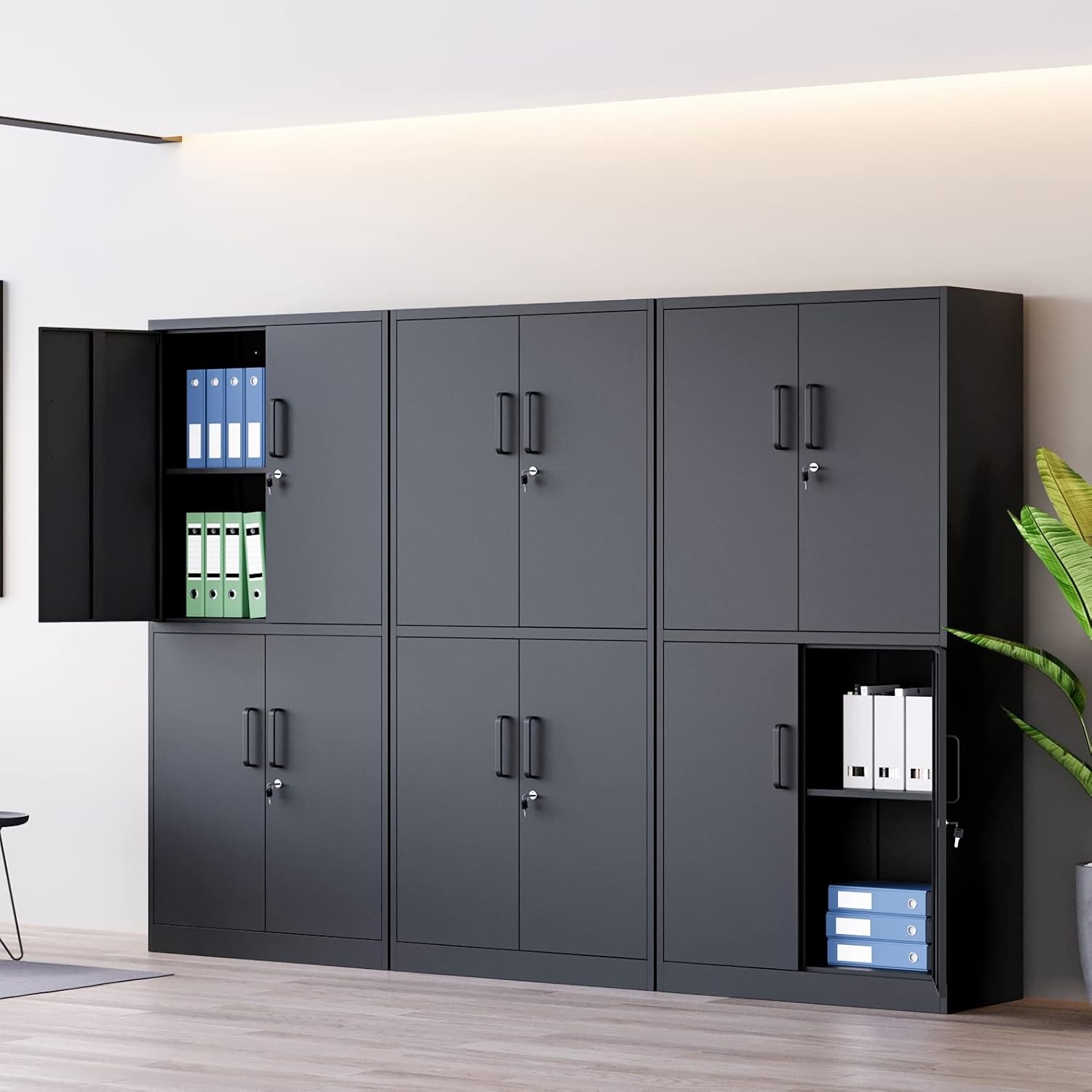 MIIIKO Steel Storage Cabinet with Locking Doors, Black Storage Cabinet with 4 Doors and 3 Adjustable Shelves, Tall Metal Locker Cabinet for Home Office, Garage, School