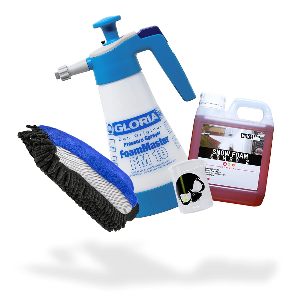 detailmate Auto Vorwäsche Set: ValetPRO Combo 2 Snow Foam 1 Liter + Gloria Foam Master FM10 Schaumsprüher 1 Liter + 3in1 Chenille Waschhandschuh + Griffin Messbecher 150 ml skaliert