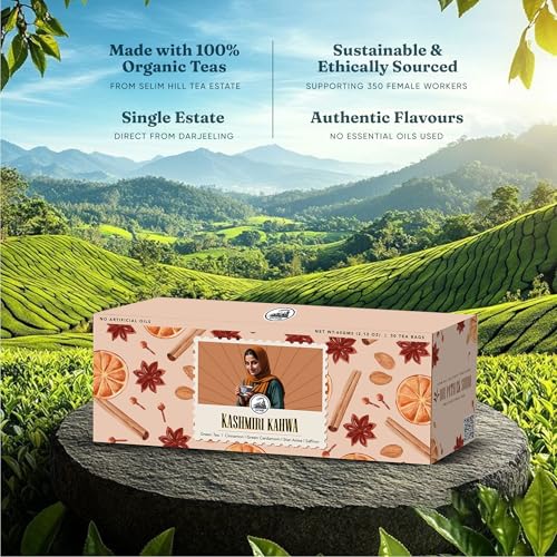 Image of Dorje Teas Kashmiri Kahwa Darjeeling Tea | 30 Pyramid Teabags (Pack of 1) | Selim Hill Estate | Cinnamon, Cardamom, Star Anise & Premium Saffron | Promotes Immunity & Relaxation | Organic Whole Leaf Blend | 30 Cups