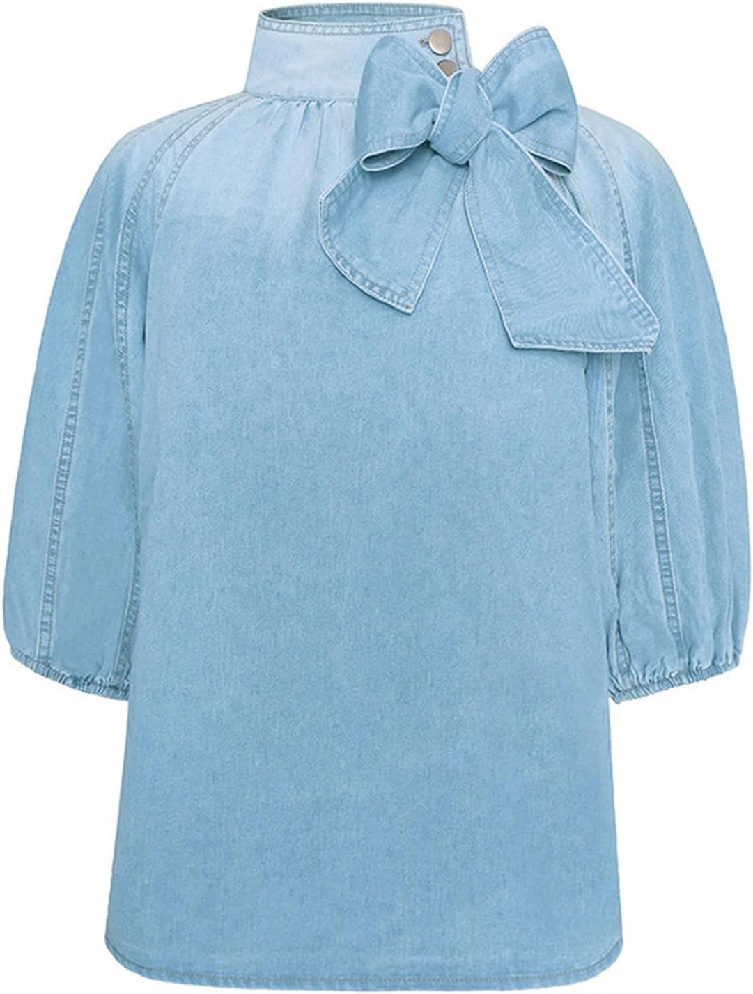 Women's Bow Design Denim Pullover Top Button Up High Neck Fashionable Jacket with Elastic and Puff Sleeves - Image 6