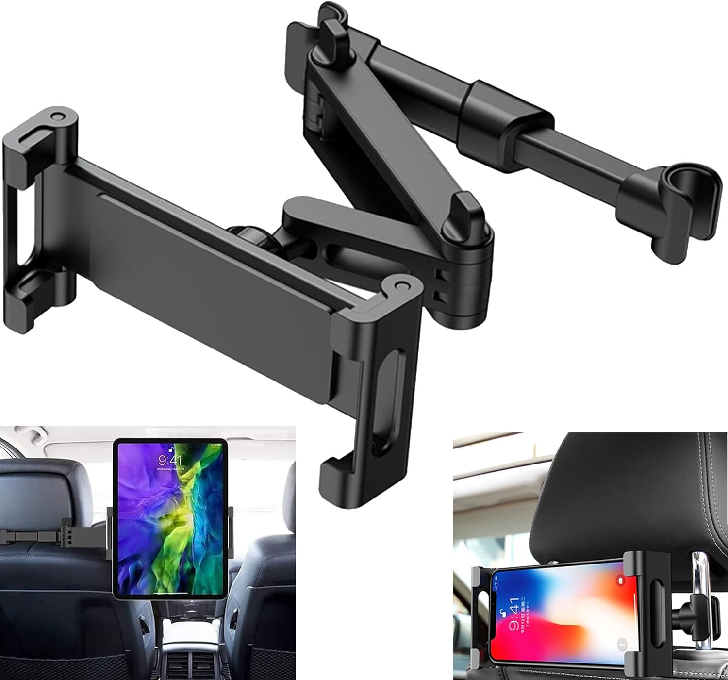 ANKDELL タブレット 車載ホルダー 後部座席 【2025新登場】 スマホ ヘッドレスト ホルダー 伸縮アームスタンド 取付範囲約12cm~15cm 折り畳み式 360度回転 充電可能ホール付 簡単取付 転落防止 防振 タブレット&スマホ兼用 4.7~12.9インチ全機種対応 日本語説明書付き(ブラック)