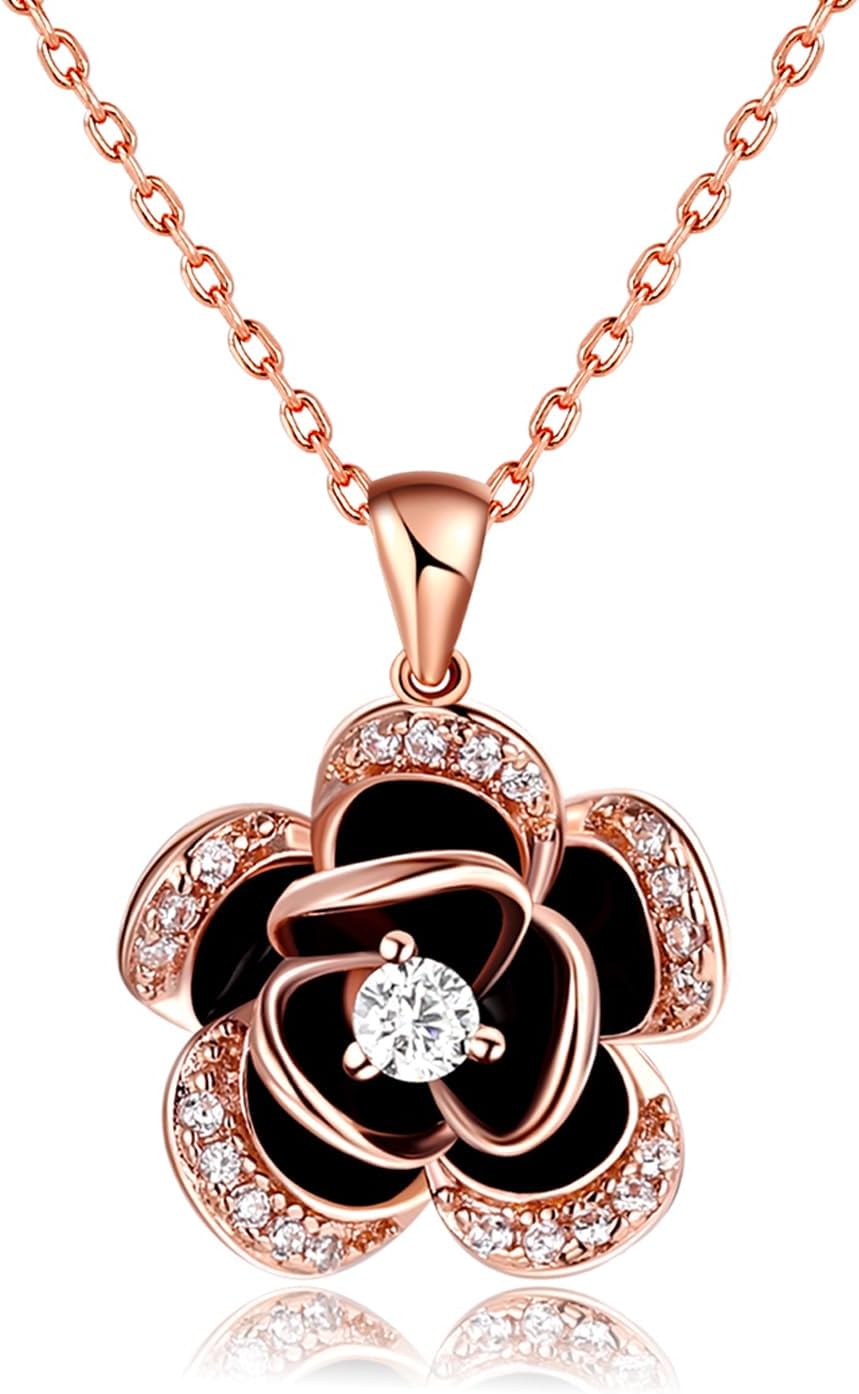 BELLNA 14K Gold Rose Flower Necklace For Women Sterling Silver Dainty Rose Gold Flower Pendant Necklaces Cute Gifts For Her Birthday wedding Anniversary Valentines Day