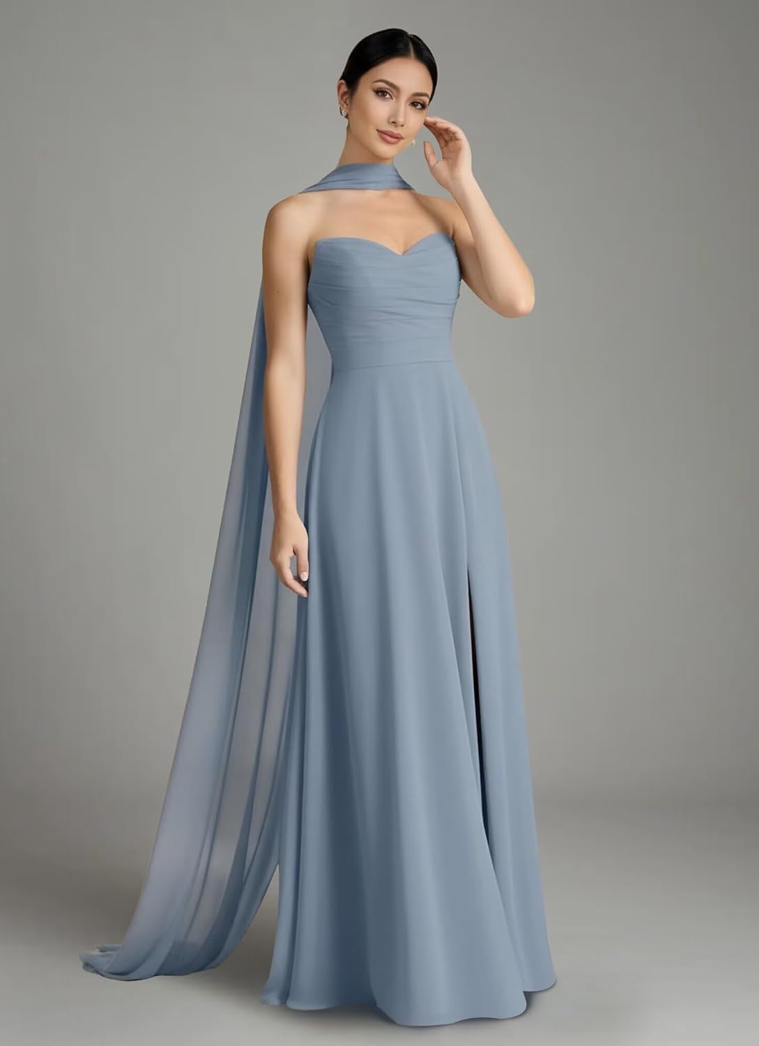 Strapless Chiffon Bridesmaid Dresses with Scarf for Long Women Sweetheart Neck Formal Wedding Guest Dress with Slit