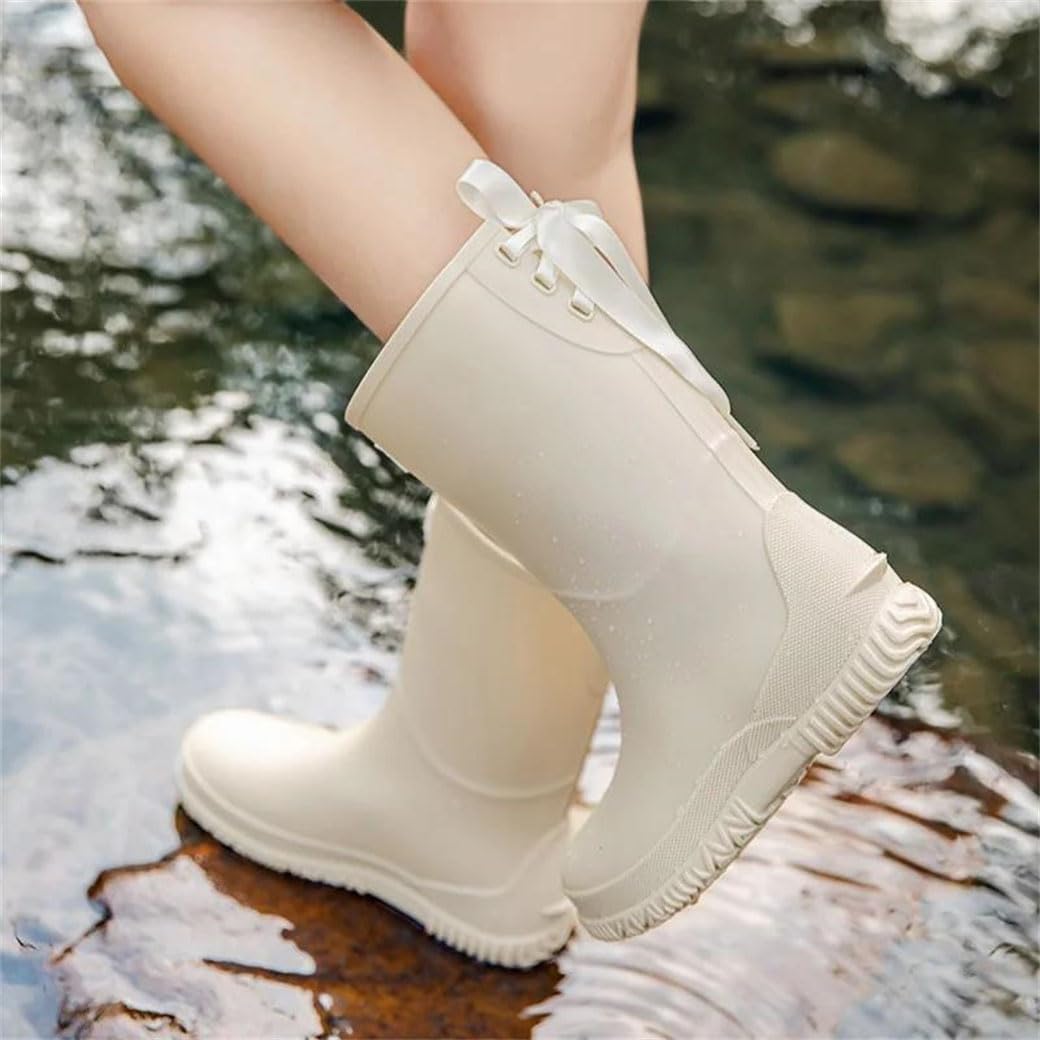 Women's Rain Boots Mid Calf Waterproof With Cotton Fleece Lining Non-Slip For Work Adult Water Shoes