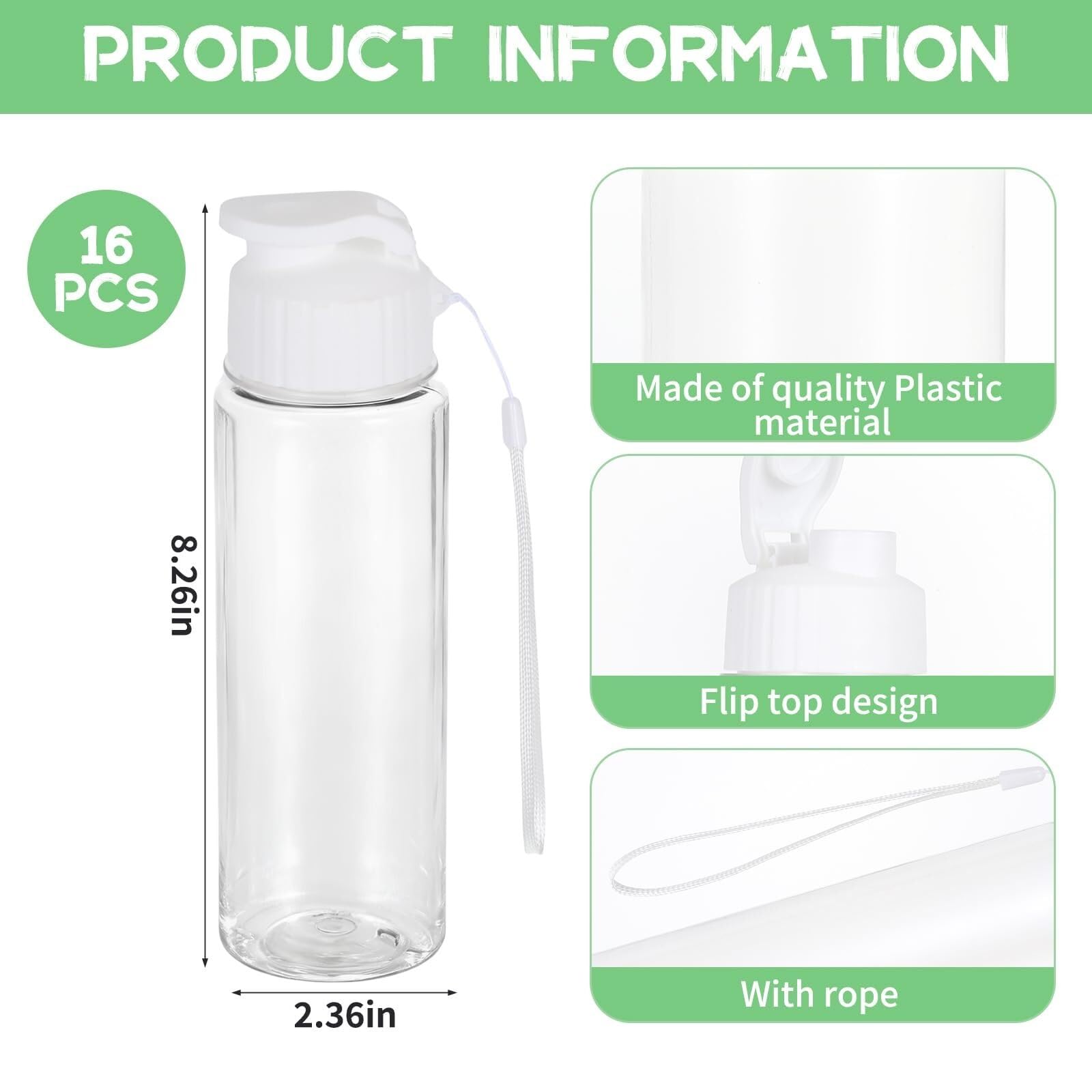 Paquete de 16 botellas de agua de plástico a granel de 17 onzas, reutilizables, ligeras, a prueba de fugas, con tapa abatible y correa de transporte para adultos, gimnasio, fitness