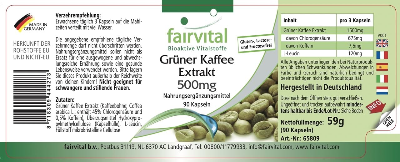 fairvital Grüner Kaffee Extrakt 500mg, 90 Kapseln, schluckfreundlich, HOCHDOSIERT, standardisiert auf 45% Chlorogensäure, VEGAN