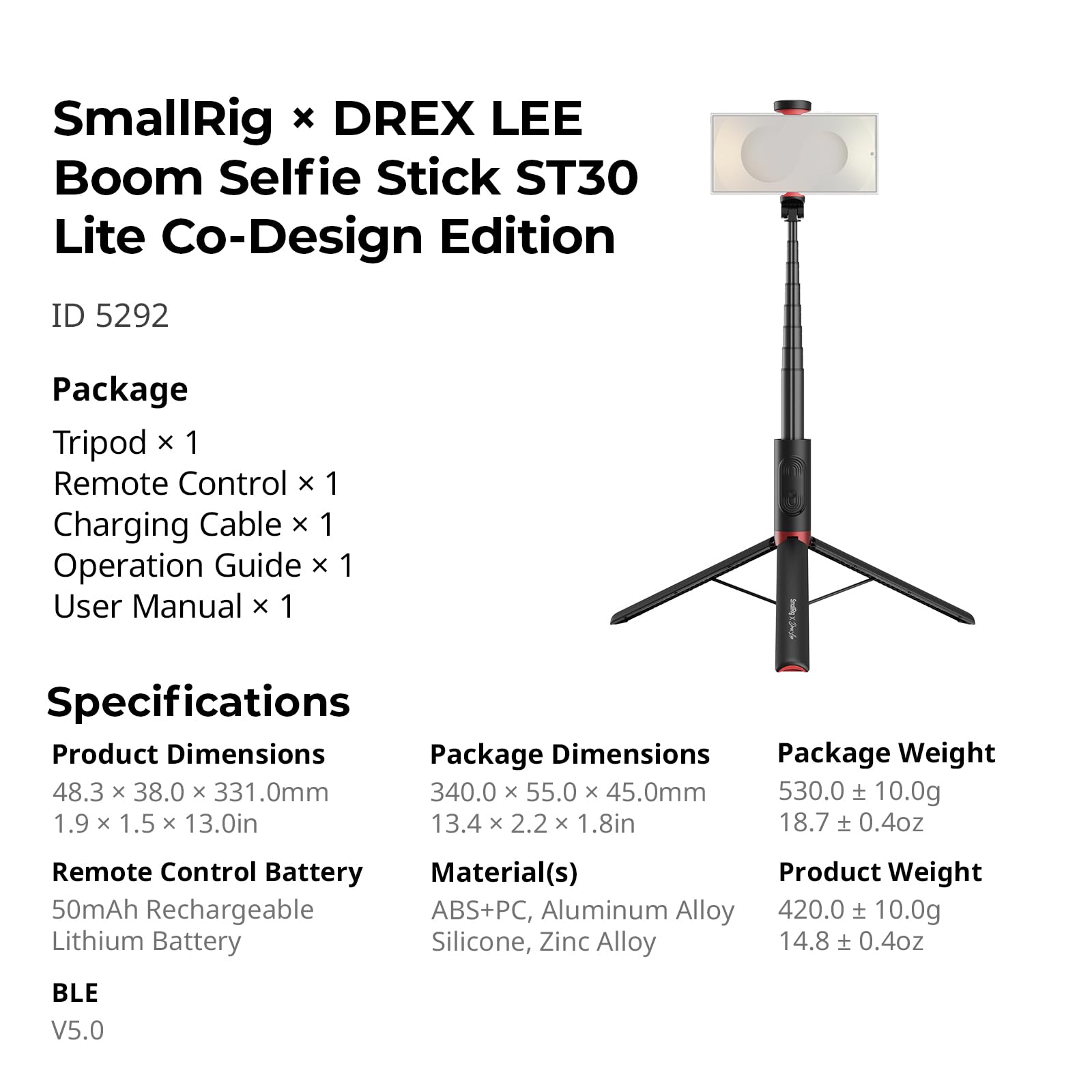 SMALLRIG x Drex Lee Boom Perche à Selfie ST30 Lite, Trépied Automatique 57,9'' avec Télécommande et Support pour Griffe, pour iPhone, pour Android, Enregistrement Vidéo, Voyage, Vlogging, Voir - 5292