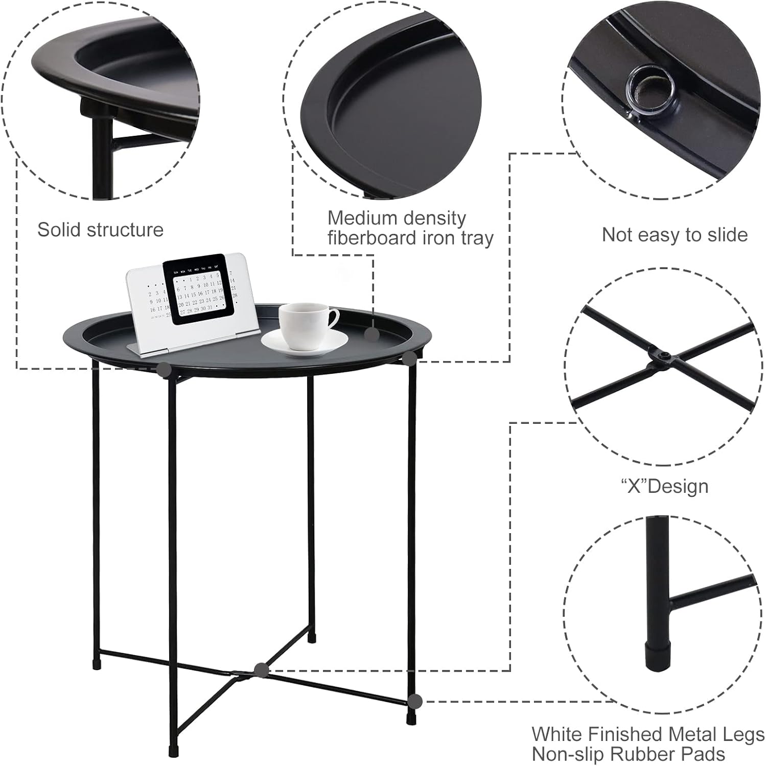 Garden 4 you End Table Metal Side Table Black Round Folding Tray Cyan Sofa Small Accent Fold-able Table, Round End Table Tray, Next to Sofa Table, Snack Table for Living Room and Bed Room