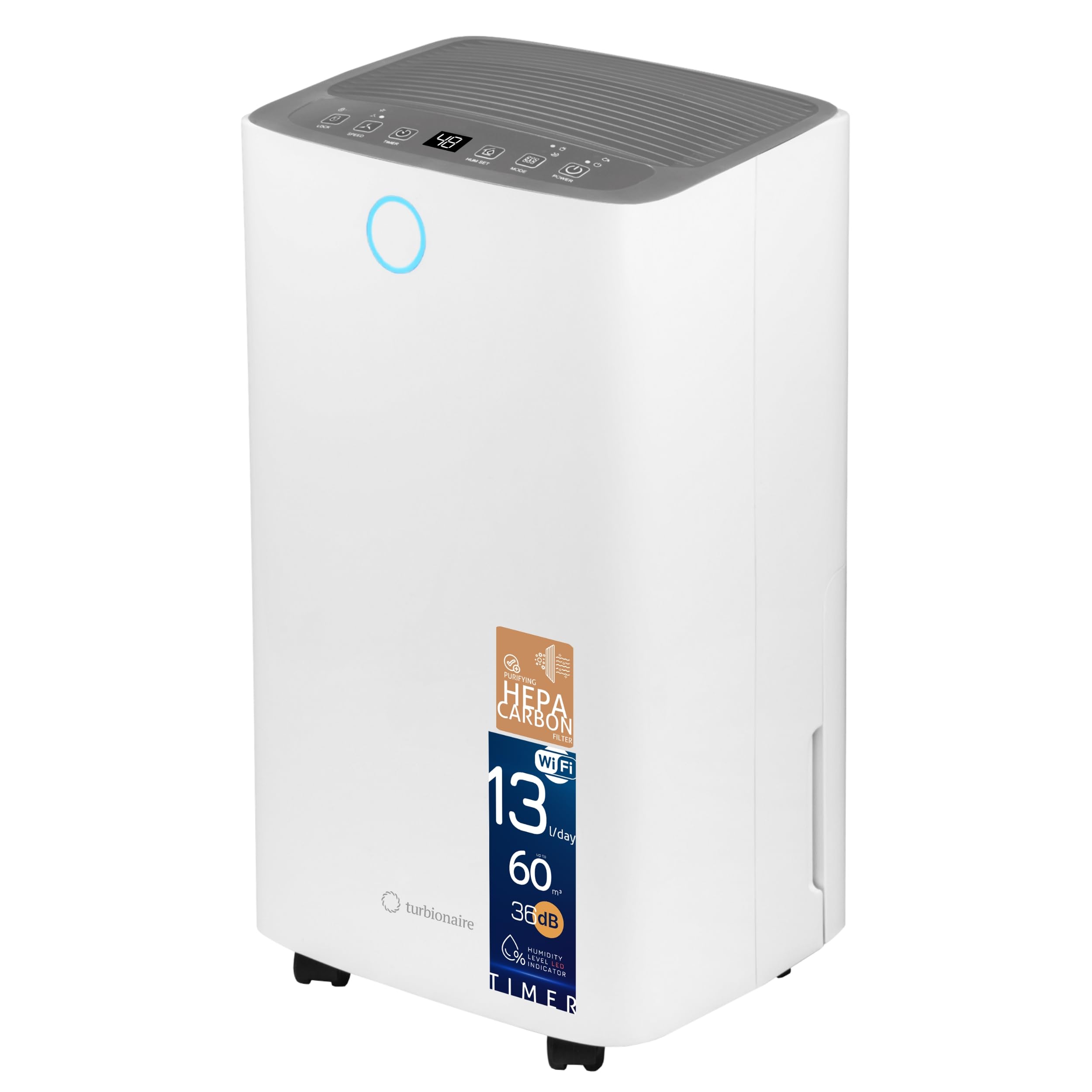 Deumidificatore e Purificatore Casa Muffa Turbionaire Senso 13 WiFi, 13L/Giorno, Addato fino a 30m², Filtro HEPA + Carboni Attivi, Silenzioso, Serbatoio da 2L, Asciugatura Vestiti, Muffa e condensa