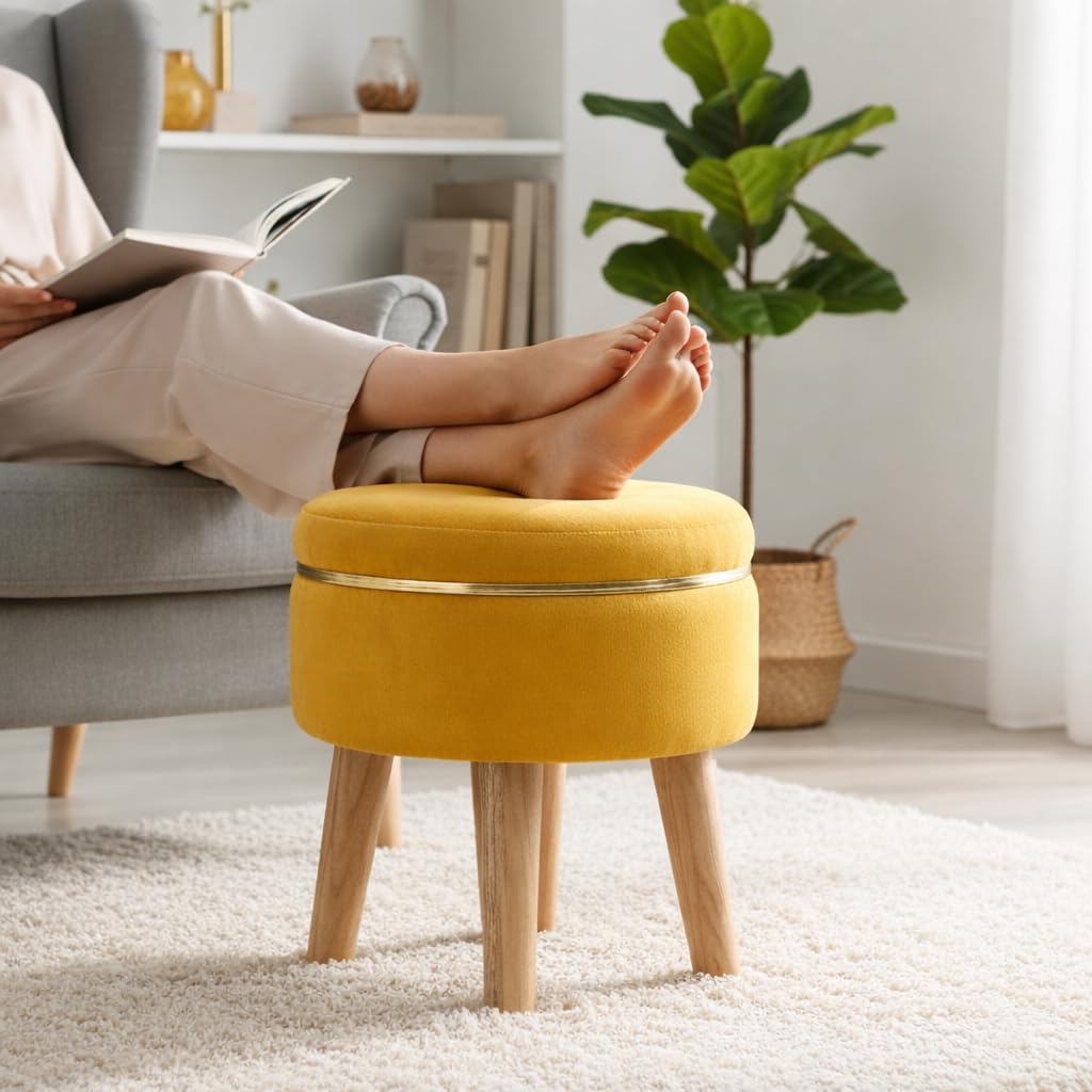 Ottoman Stool for Living Room Foot Rest | Velvet Small Ottoman Foot Stool | Solid Wood Legs | Footstool Puffy for Home, Bedroom & Makeup Table | 30 x 30 cm (12 x 12 Inch) | Yellow-image-33