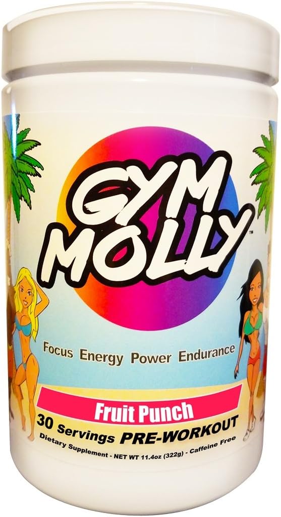 Gym Molly Caffeine Free Pre Workout Powder Energy Drink Supplement | BCAAs | 0 Carbs | for Men & Women, Fruit Punch (30 Servings, 11.4 oz)