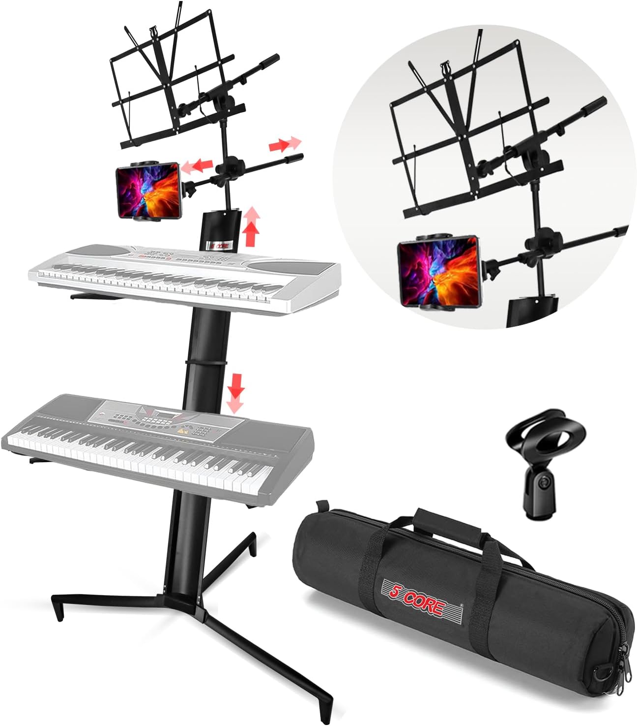 5 CORE Keyboard Stand 2 Tier Column for 61/76/88 Key Board DJ Controller Stands for Electric Digital Midi Pianos Black - KS C 2TD BLK AL
