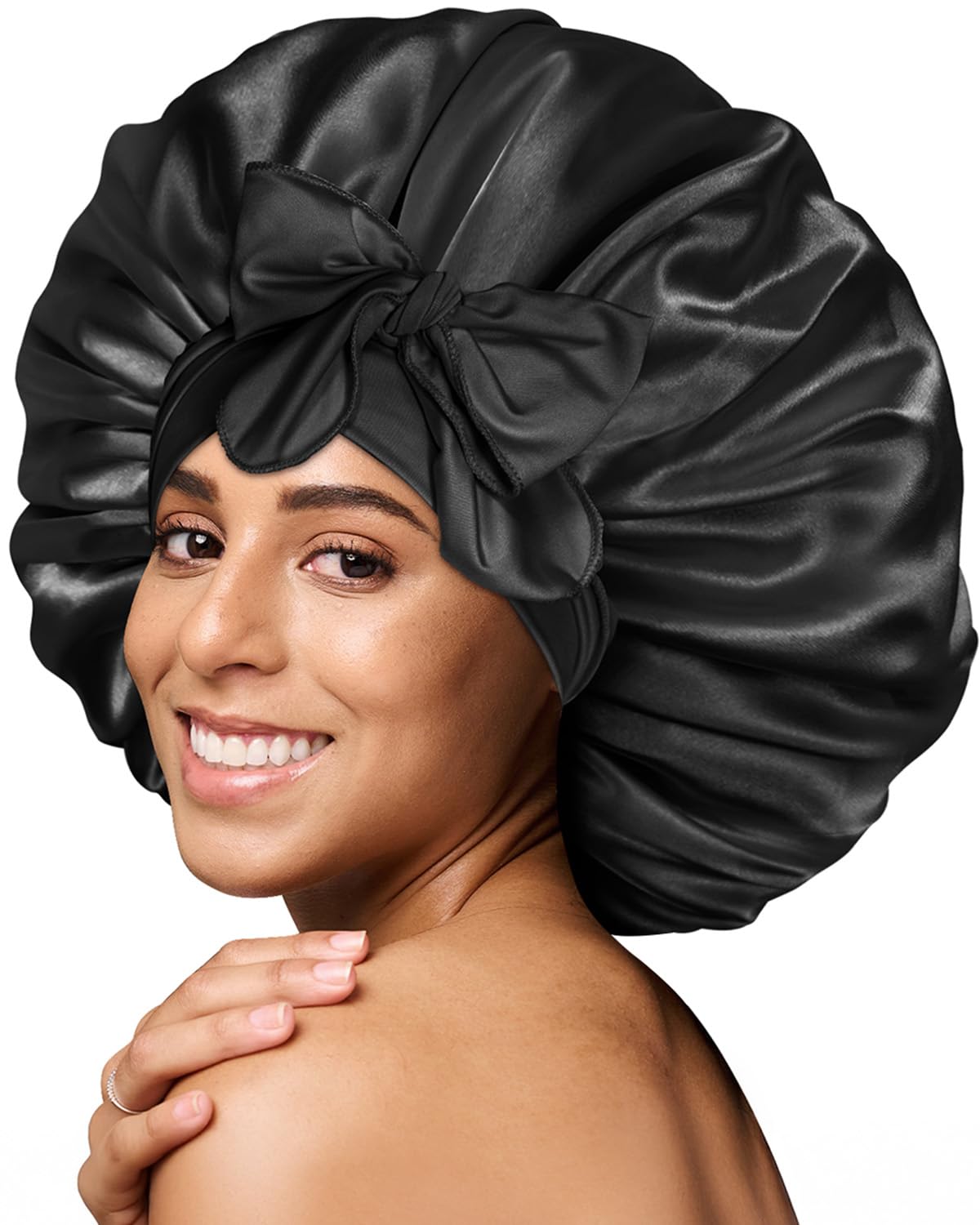BONNET QUEEN Silk Bonnet for Sleeping for Curly Hair, Satin Bonnet Hair Wrap for Women & Men, Adjustable Silk Scarf Night Cap with Tie Band, Black