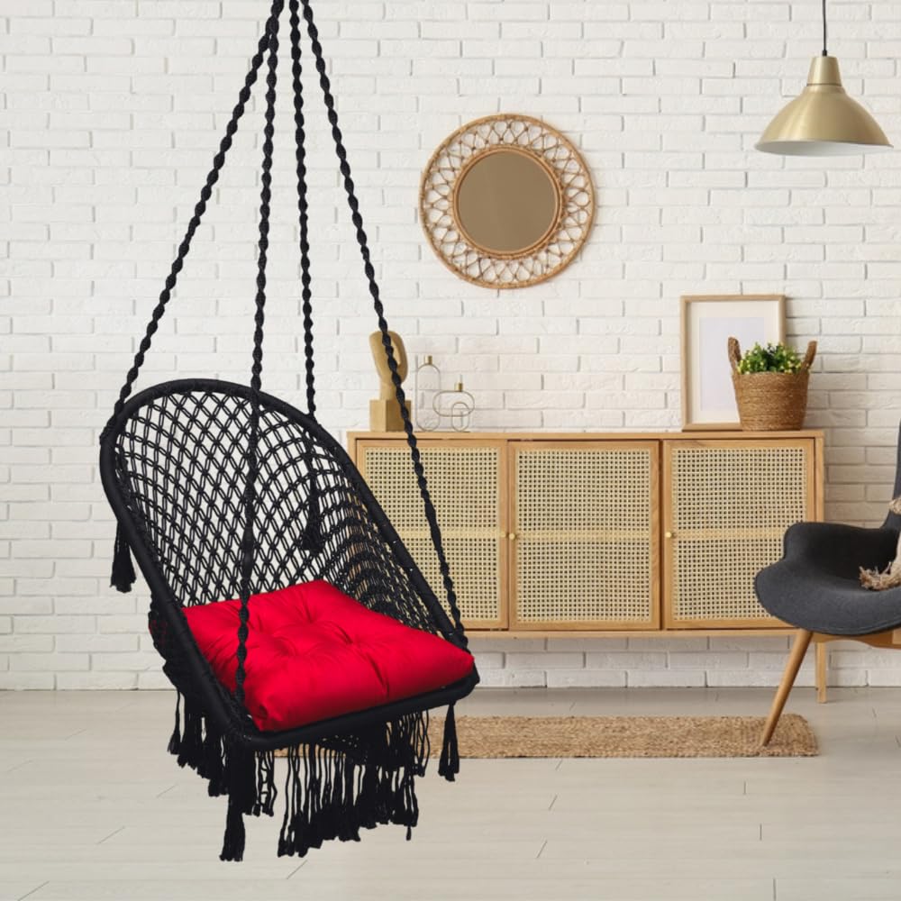 Patiofy Super Comfy Premium Swing Chair for Balcony & Home - Adult Hammock Swing with Red Square Cushion & Hanging Kit - Black