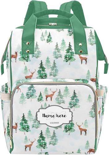 Watercolor Elk Forest Christmas  Bolsa de pañales personalizada con nombre personalizado Mochila impermeable multifuncional para mamá Kit de cambio