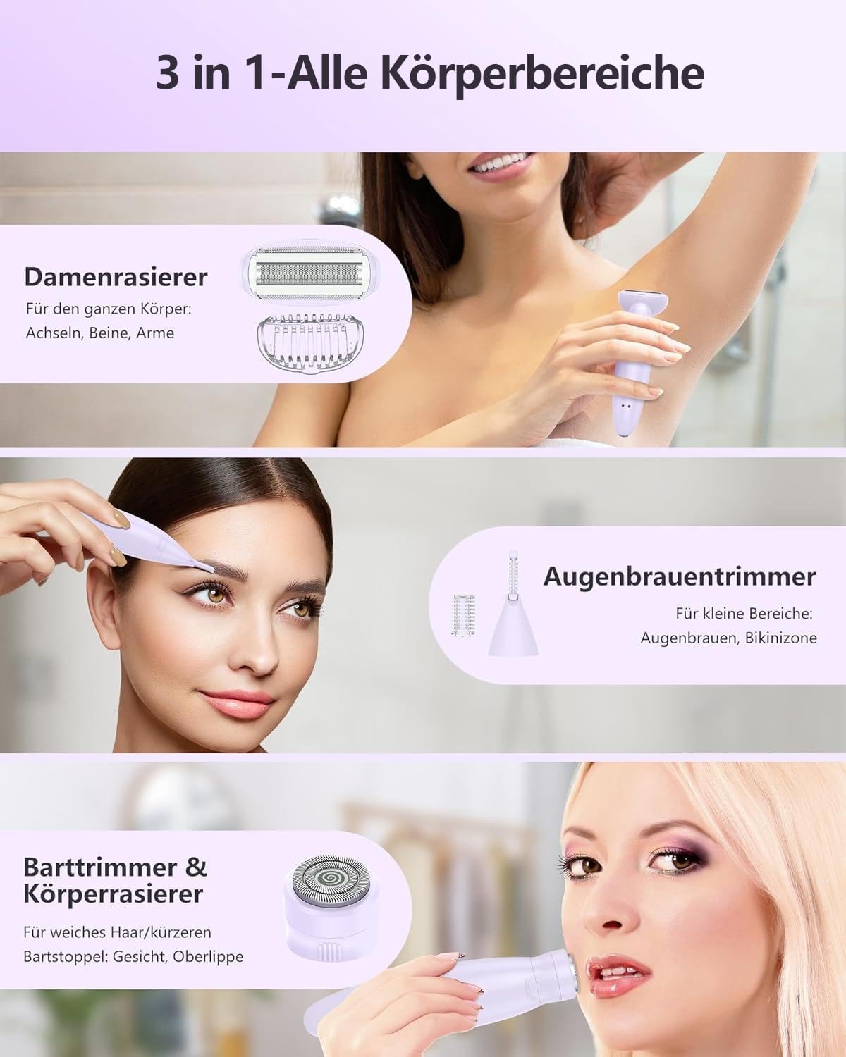 Afeitadoras para mujer, depiladora facial 3 en 1, recortadora de bikini para mujer con pantalla LED de batería, maquinilla de afeitar eléctrica húmeda y seca, 120 minutos de uso, para piernas en las