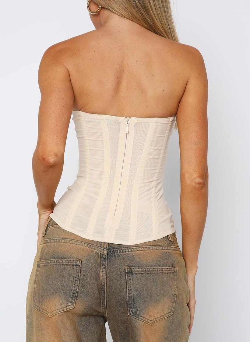 Women Strapless Corset Bustier Tops Mesh Back Zip Boned Bodyshaper Tube Top Y2k Sexy Fishbone Overbust - Image 4