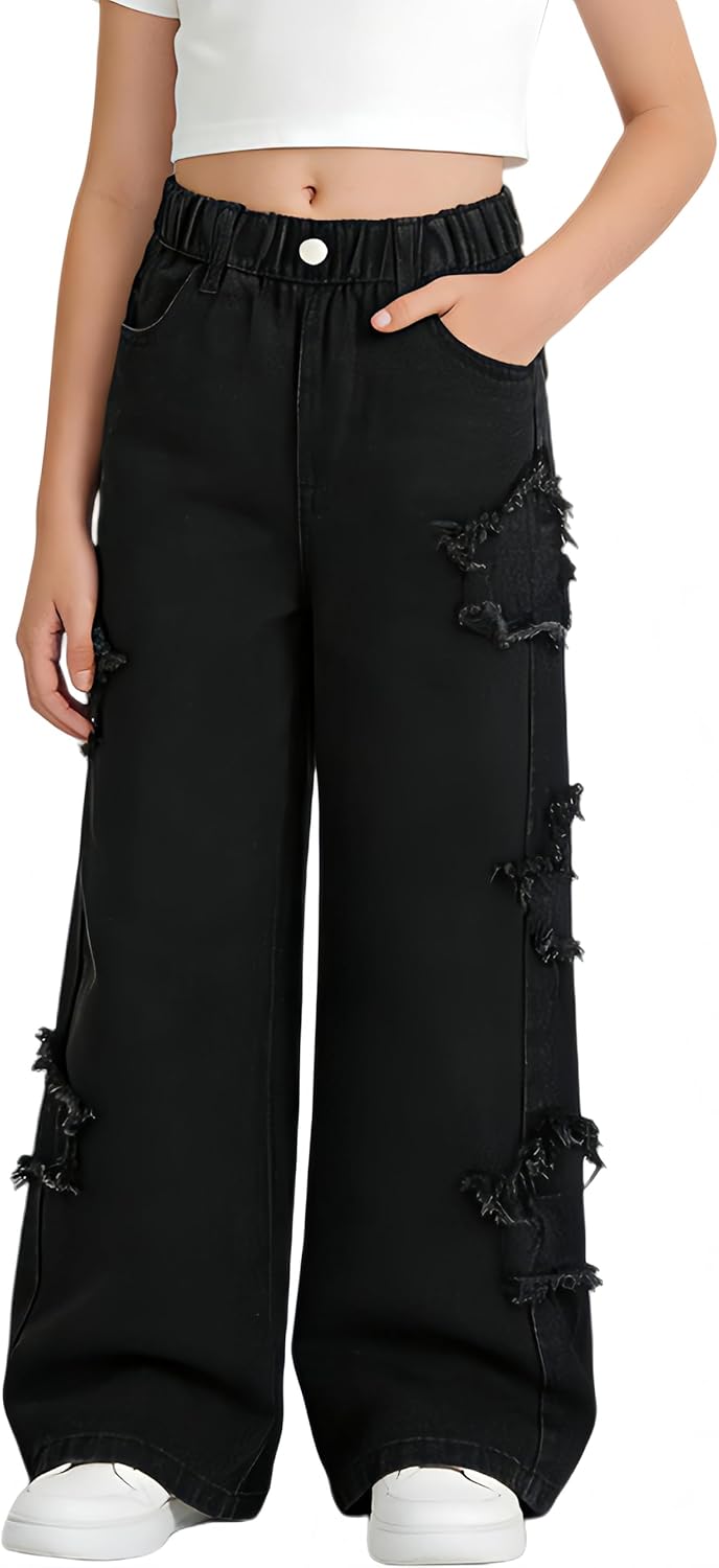 Rolanko Girls Jeans Denim Elastic Wasit Wide Leg Baggy Pants Kids Clothes 4-14 Years