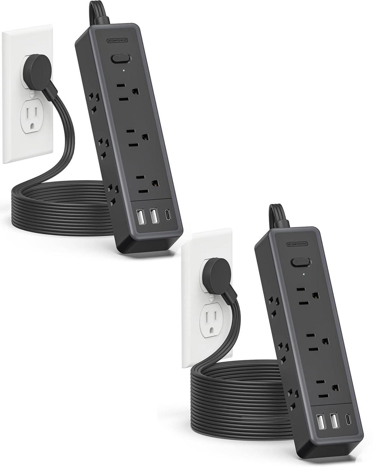 Flat Extension Cord 25 FT+10 FT,Surge Protector Power Strip with 9 Widely Outlets and 3 USB Ports (1 USB-C), Flat Extension Cord with Multiple Outlets, 1080 Joule, Mount, for Home Office, Dorm,Black