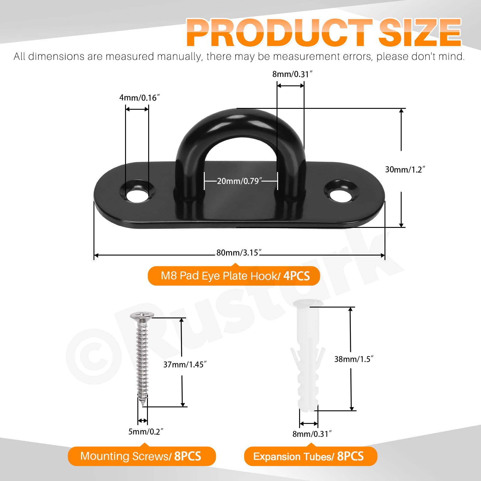Rustark 4Pcs M8 304 Stainless Steel Oval Pad Eye Plate Hook Assortment Kit Black Pad Eyes Plate Marine Hardware Hook with Screw Heavy Duty Ceiling Hooks for Swing Hanging Outdoor and Indoor Activity - Image 2