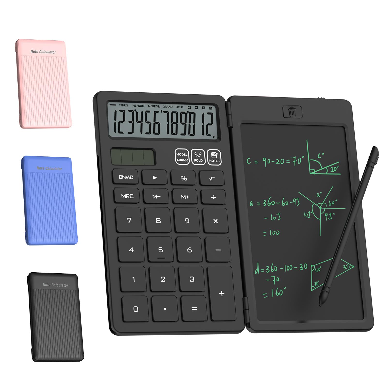 NEWYES Calculator with Writing Tablet, LCD Writing Pad and Stylus Pen, Solar & Battery Powered Calculator for Office School Students, Black