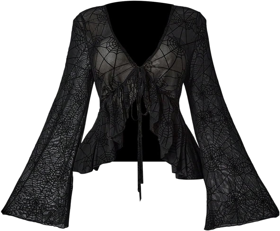 WDIRARA Women's Plus Size Goth Spiderweb Tie Front Tops V Neck Sheer Mesh Long Bell Sleeve Ruffle Blouse