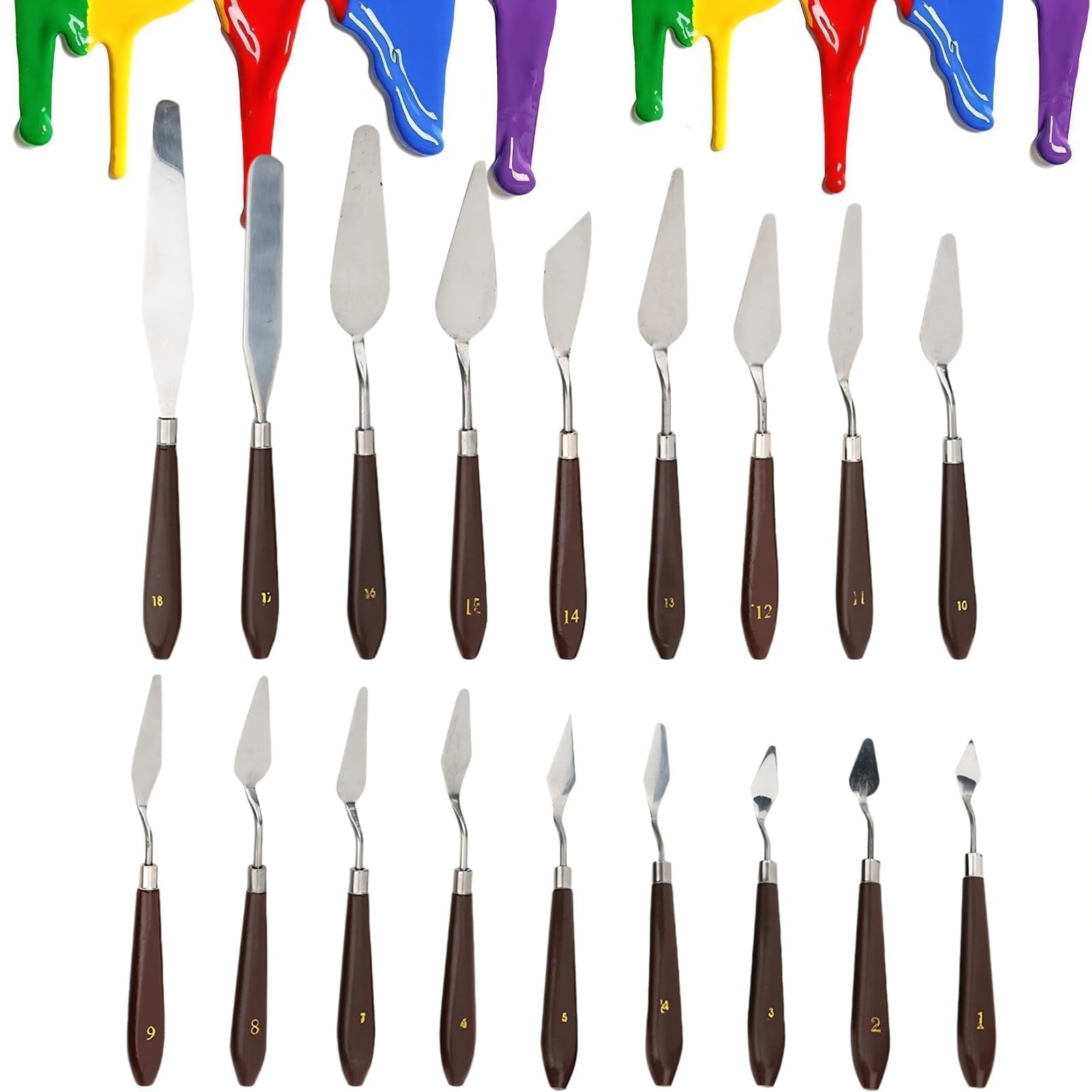 18PCS Palette Knife, Stainless Steel Spatula Oil Paint Spatula Set Painting Mixing Supplies Acrylic Paint Spatula Canvas Paint Spatula with Wooden Handle