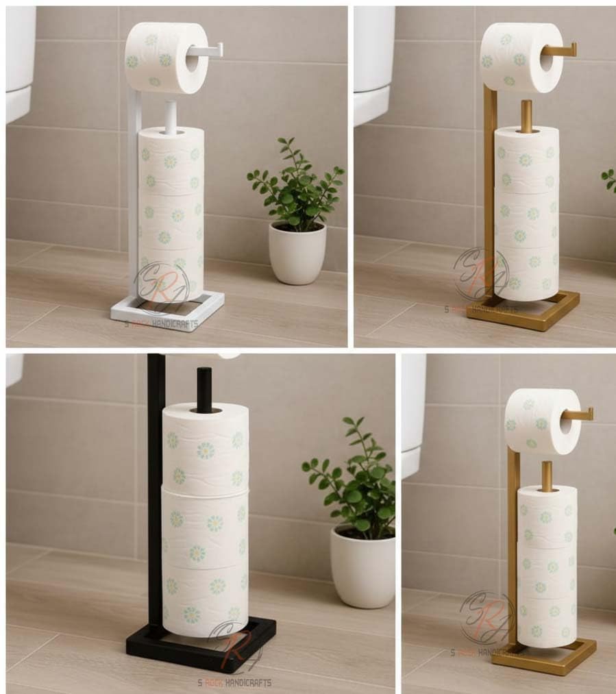 S Rock Handicrafts Metal Toilet Paper Holder Floor Standing | Bathroom Accesories A Touch of Luxury for Your Home| Small Size 40x14x14Cm| (3 Papper Roll Free) (White/Black/Golden) Set of 3