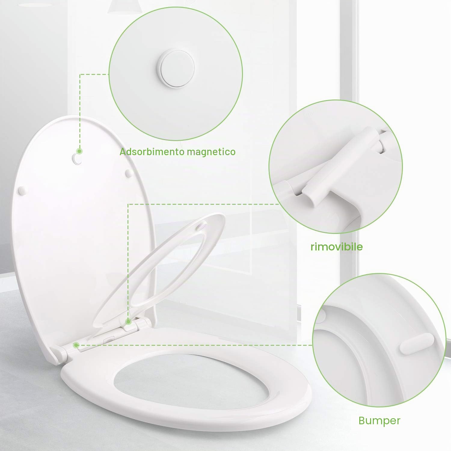 HIMIMI Sedile WC con seggiolino per bambini magnetico, freno anticaduta e cerniera regolabile, sedile WC in polietilene per adulti e bambini (447 x 371 x 55 mm), forma a U, bianco