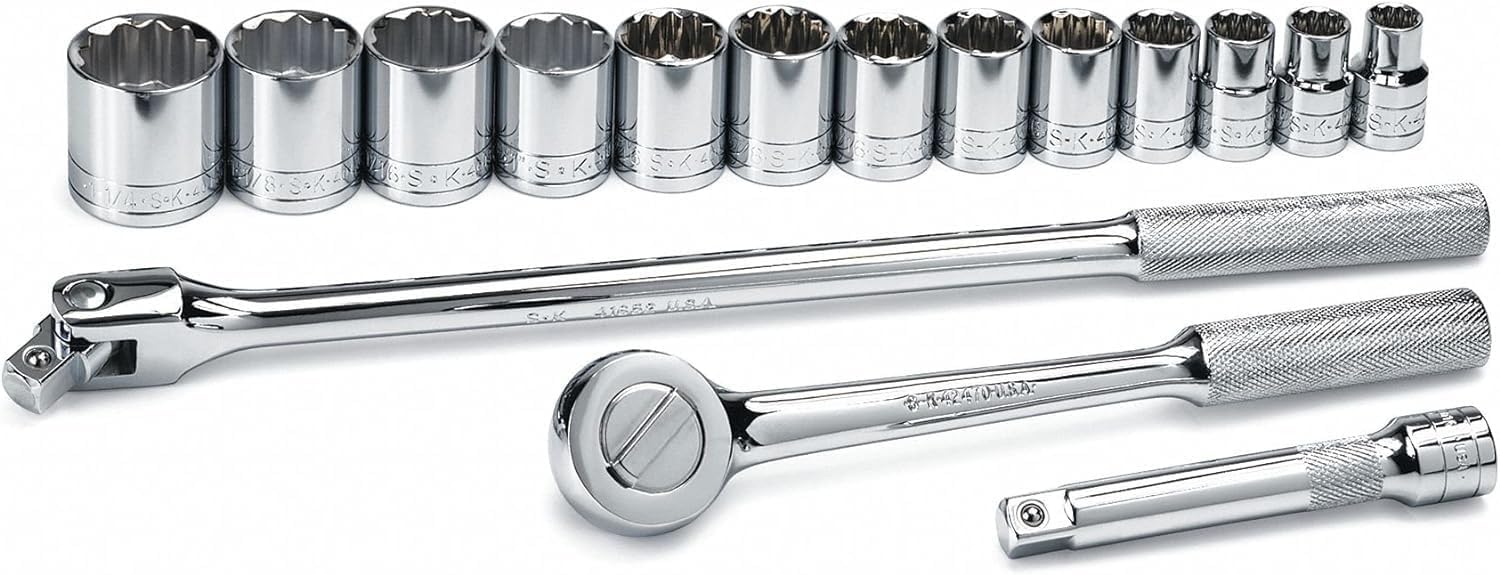 SK Tools USA 1/2" Drive, 16 Piece, 12 Point, Standard, SAE, Chrome Socket Set: 7/16" - 1-1/4", Ratchet, Flex Handle & Extension | 4116