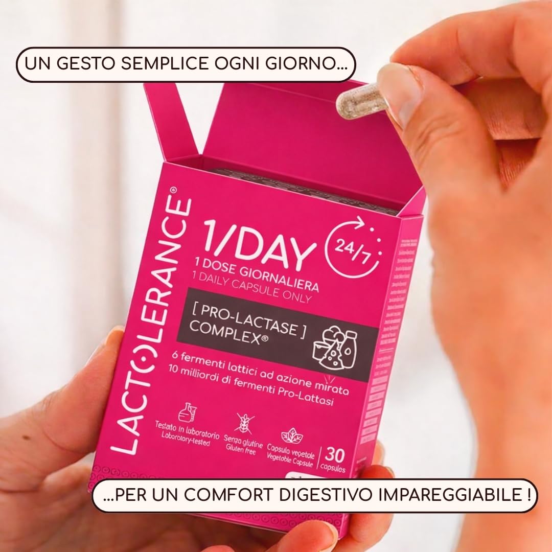 LACTOLERANCE 1/DAY Probiotici Precursori di Lattasi, 24h, 180 Capsule | 1 sola assunzione al giorno, protezione continua 24 ore su 24, fermenti lattici, confezione 6 mesi