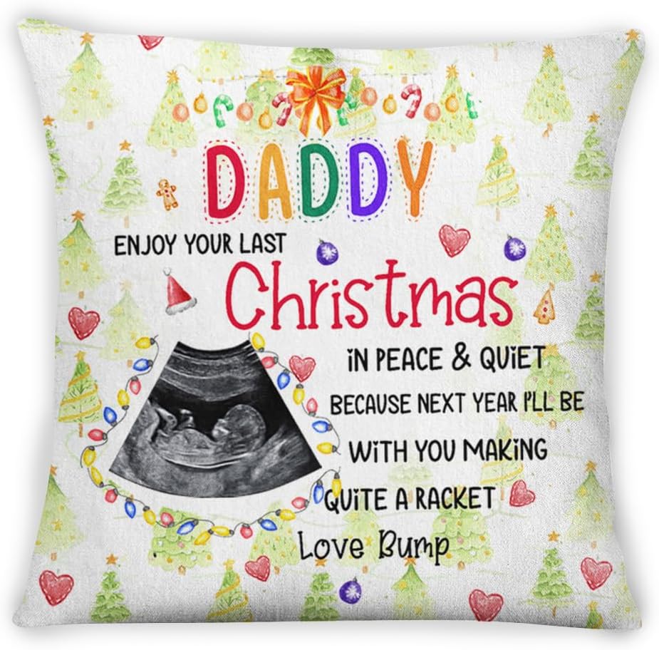 Personalized Square Pillow for Dad to Be from Baby Bump New Mom New Dad Gifts Enjoy Christmas in Peace and Quiet Ultrasound Custom Name & Photo Double Sided Couch Cushion On Christmas