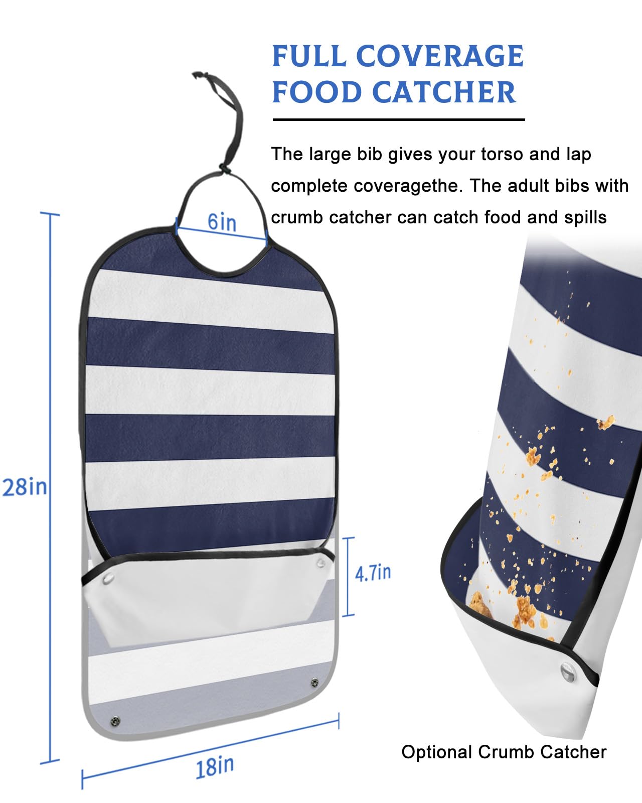 LEOKOTI Blue Stripes Adult Bibs for Eating, Waterproof Bibs with Food Catcher & Adjustable Snap Closure, Simple Blue White Texture Washable Clothing Protectors Adult Bibs for Elderly Women/Men