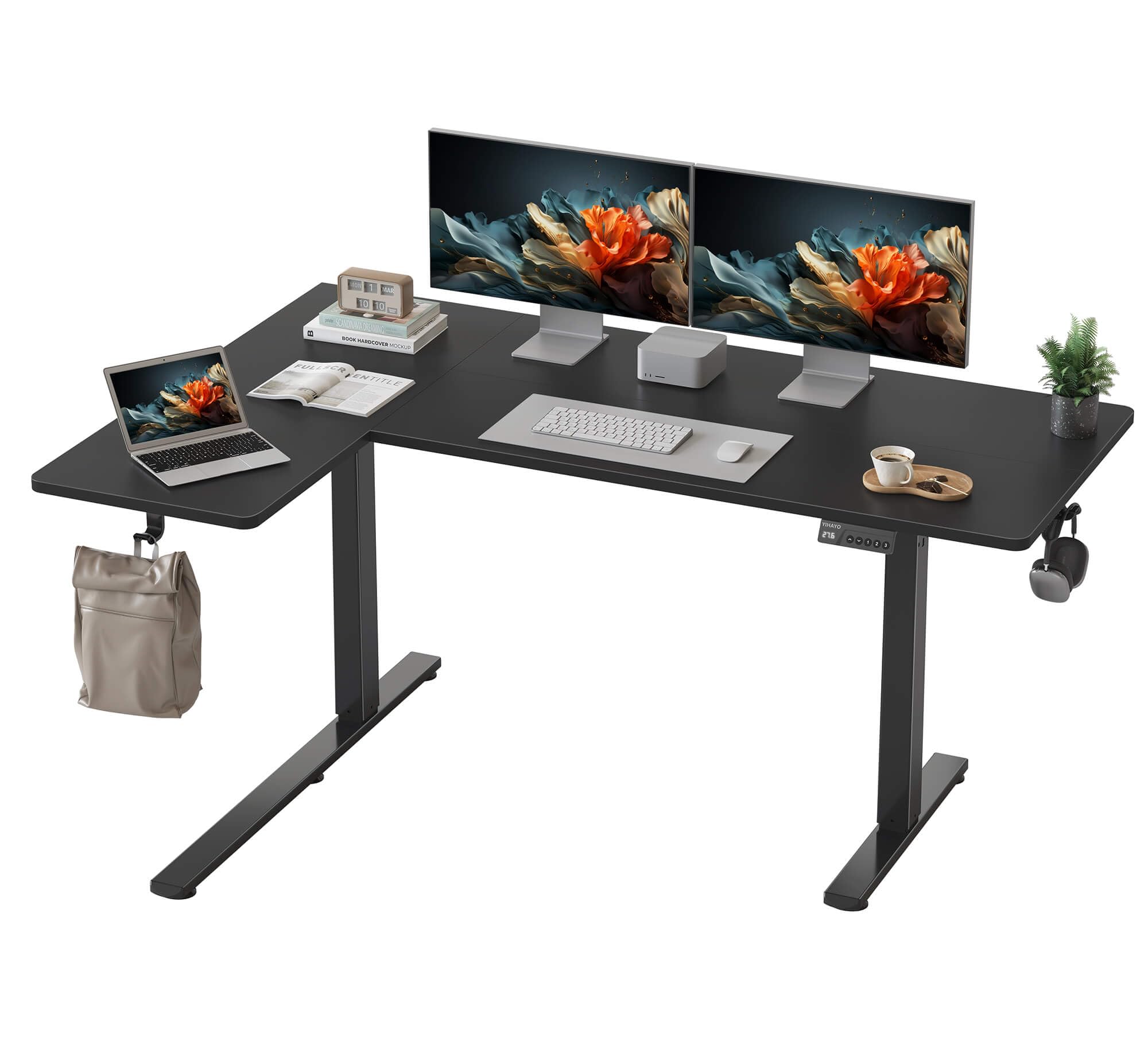 Photo 1 of YIHAYO Reversiable L-Shaped Electric Standing Desk, 59 Inches Stand Up Corner Desk, Sit and Stand Up for Work Office Home, Ergonomic Rising Computer Table with Splice Board, Black