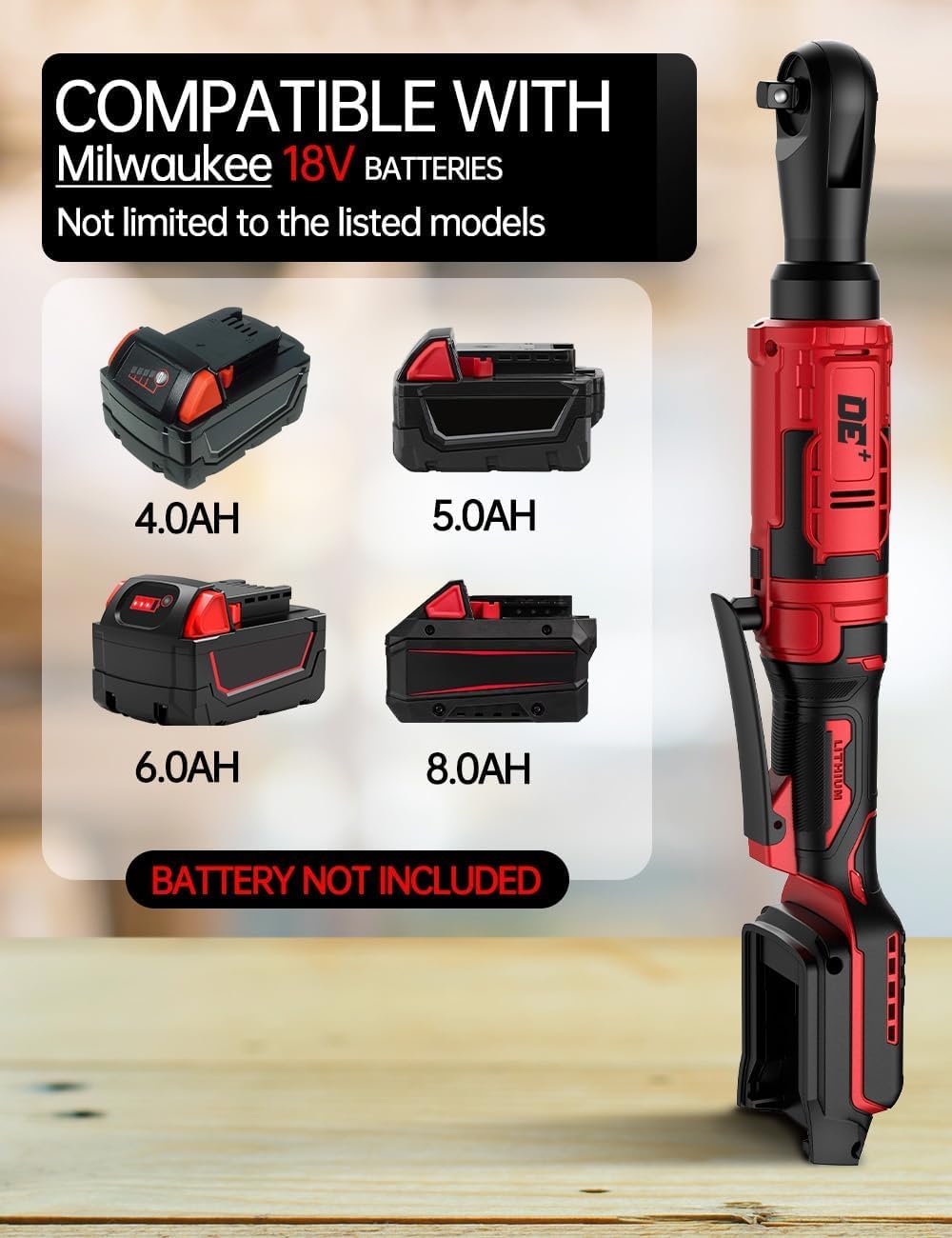 1/2 Inch Cordless Ratchet Wrench, for Milwaukee M18 Battery, 88Ft-Lbs, 0-400RPM, Electric Ratchet Wrench Set with Variable Speed Trigger, Reinforced Head, R&F Switch, 7 Sockets, 3/8" to 1/4" Adapter