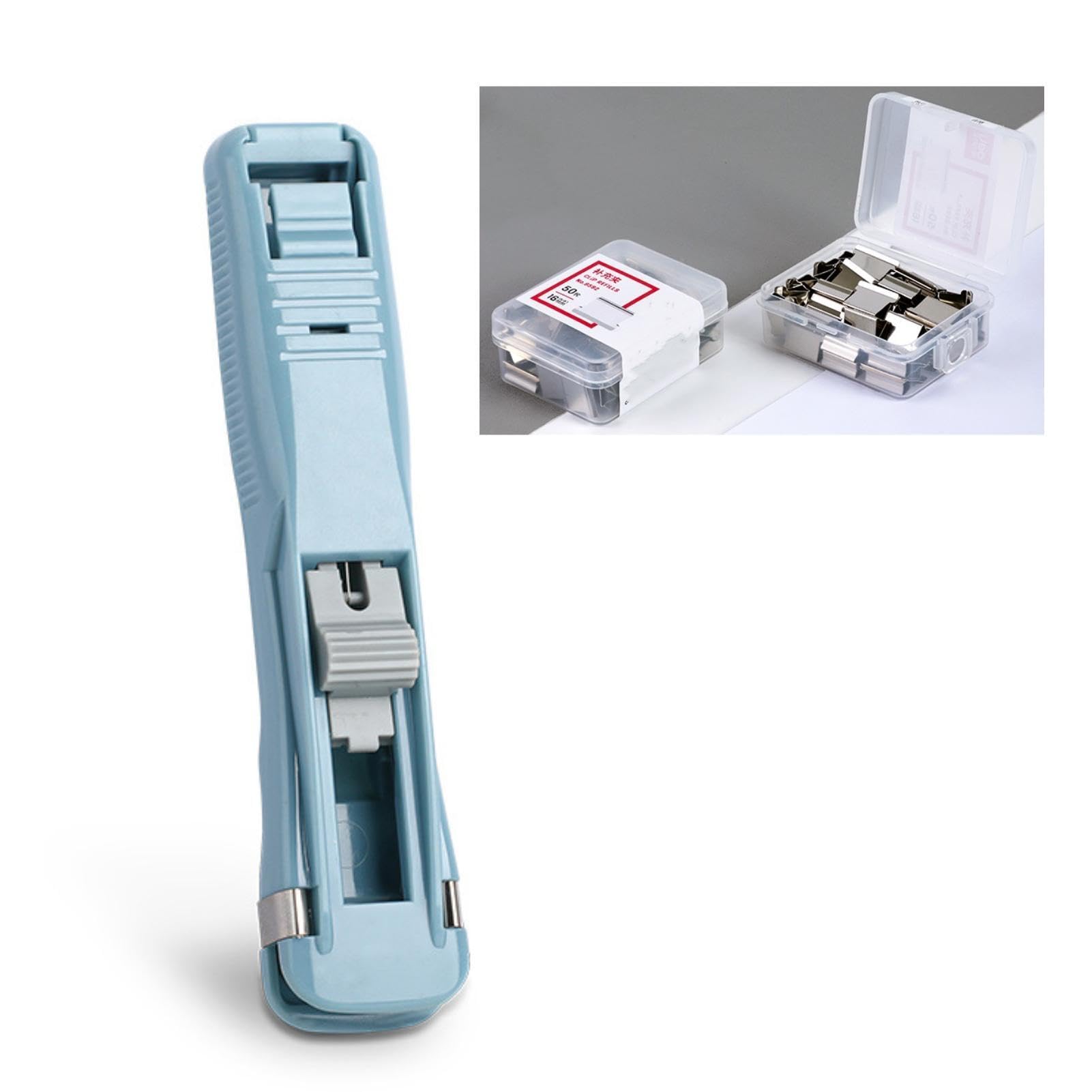 Hondar 1PCS Clamp Stapler Reusable Portable Handheld Paper Clam Clip Dispenser,30 Sheet Capacity for Office Home School,with 100pcs Metal Refill Clips (BLUE)