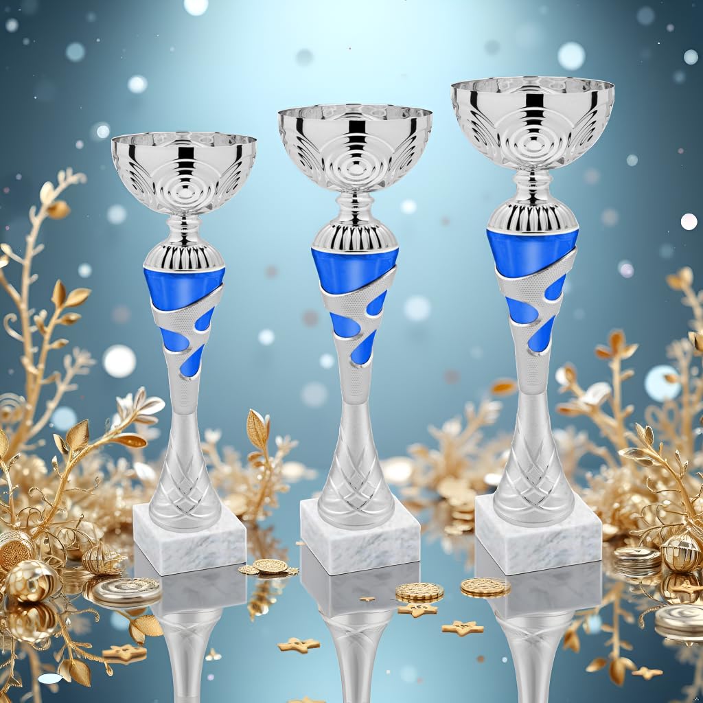 Tris Coppe Premiazioni – Set 3 Coppe Sportive 1°, 2° e 3° Posto in ABS con Base Marmo + Targhetta Personalizzata Omaggio