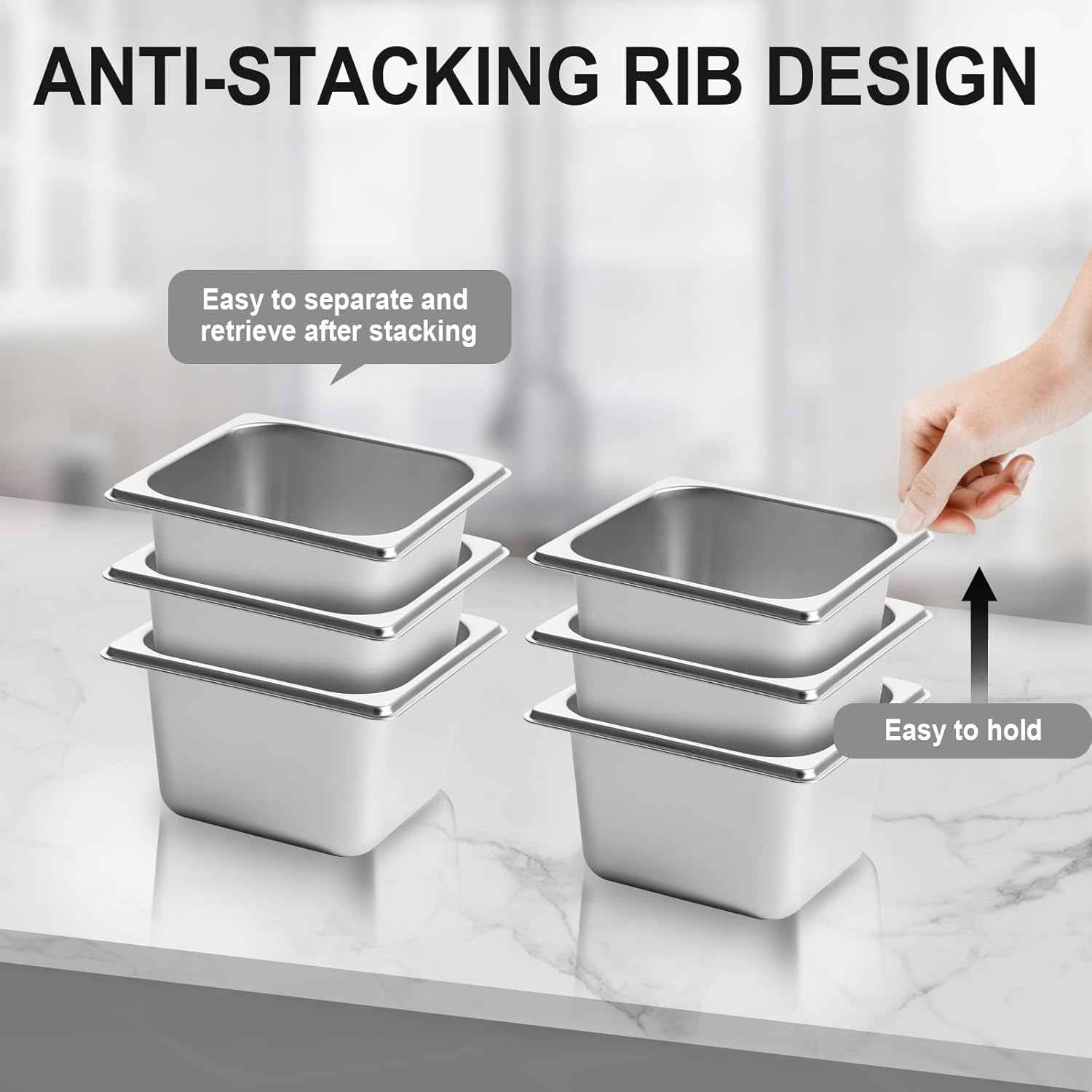 GOLDEN KEY 6 Pack Stainless Steel Hotel Pans, Anti-Jam Chafing Steam Table Pan,1/6 Size 4 Inch Deep, Stainless Steel Food Storage Containers for Home, Party, Restaurant, Hotel, Buffet - Image 3