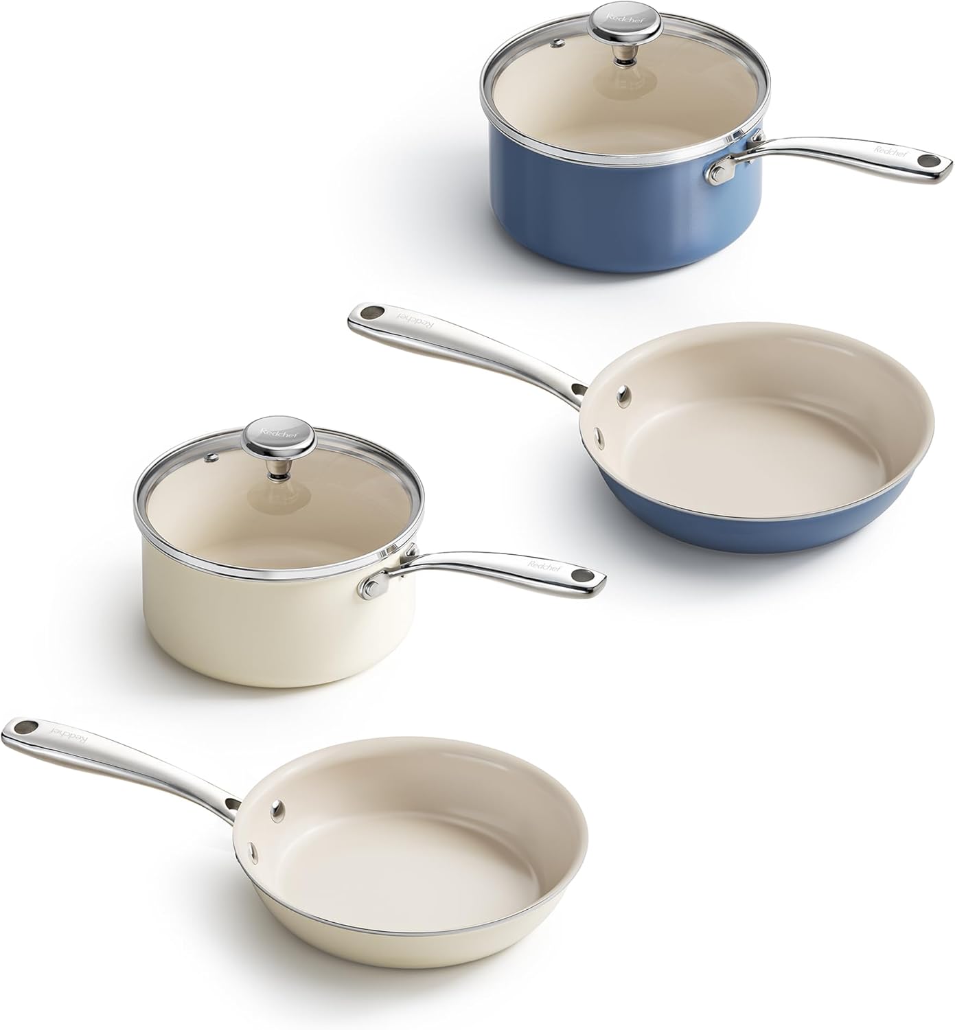 Redchef Nonstick Mini Cookware Set, 8"Ceramic Fry Pan 2.5Qt Saucepan with Lid, Pots and Pans Set, Saucepan Frying Pan Set Induction Compatible, Oven Dishwasher Safe, PTFE & PFOA Free, Beige & Blue