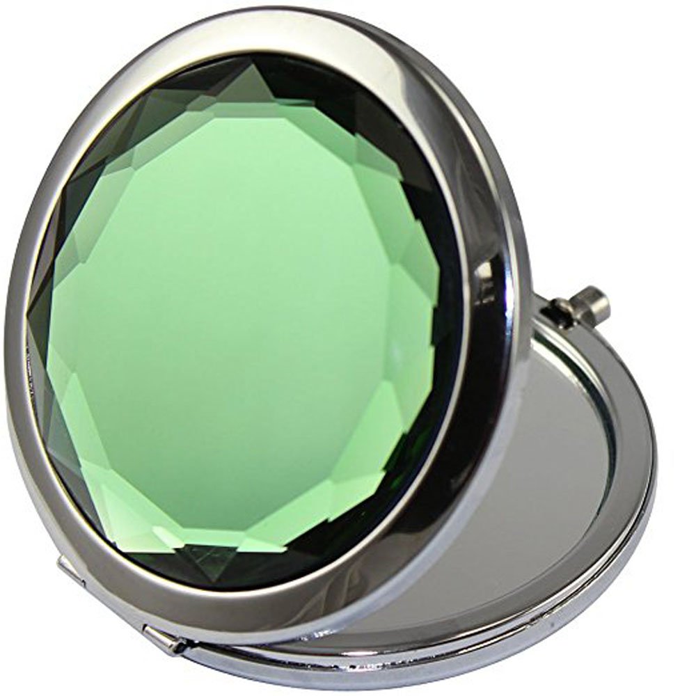 ADAMAI Crystal Folding Makeup Mirror Handhold Metal Round Hand Compact Pocket Cosmetic Magnified Mini Mirror (green)