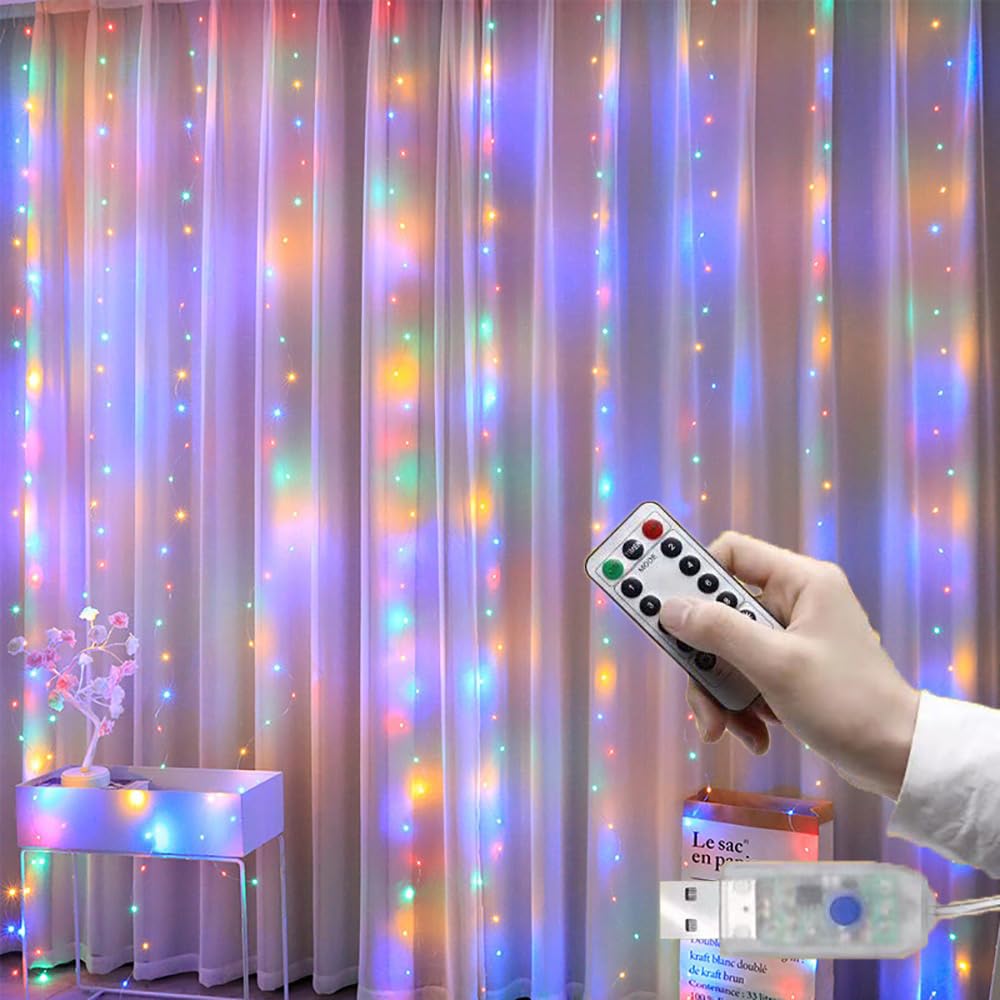 Putentfun Curtain Fairy Lights,200 LED 3m x 2m USB String Light Indoor Outdoor Waterproof Multicolor Hanging Window Lights with Hooks,for Bedroom/Wall/Outdoor/Wedding/Party/Garden Decoration