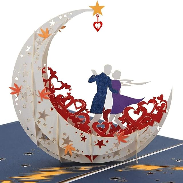 NLR 3D Pop-up Greeting Card # Lovers Dance on Moon Boat | Best for Anniversary, Valentine's Day, Birthday, Wedding Ceremony... (White)