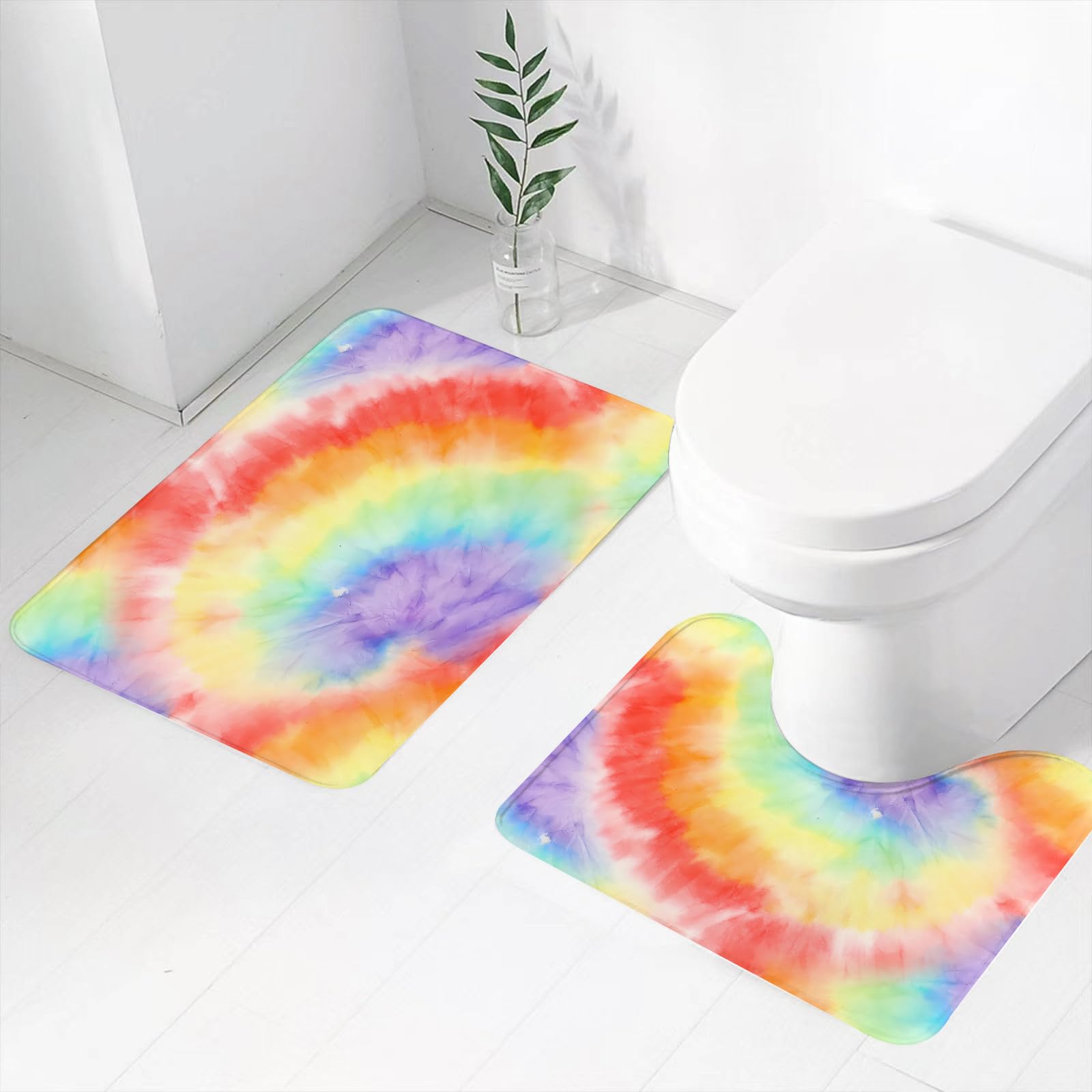 Set di 2 tappetini da Bagno, Lavabili in Lavatrice e Antiscivolo, tappetini in Morbida Fibra Superfine, Design Tie-Dye. Pittura Sporca a Fantasia Floreale. Tie-Dye Senza Cuciture
